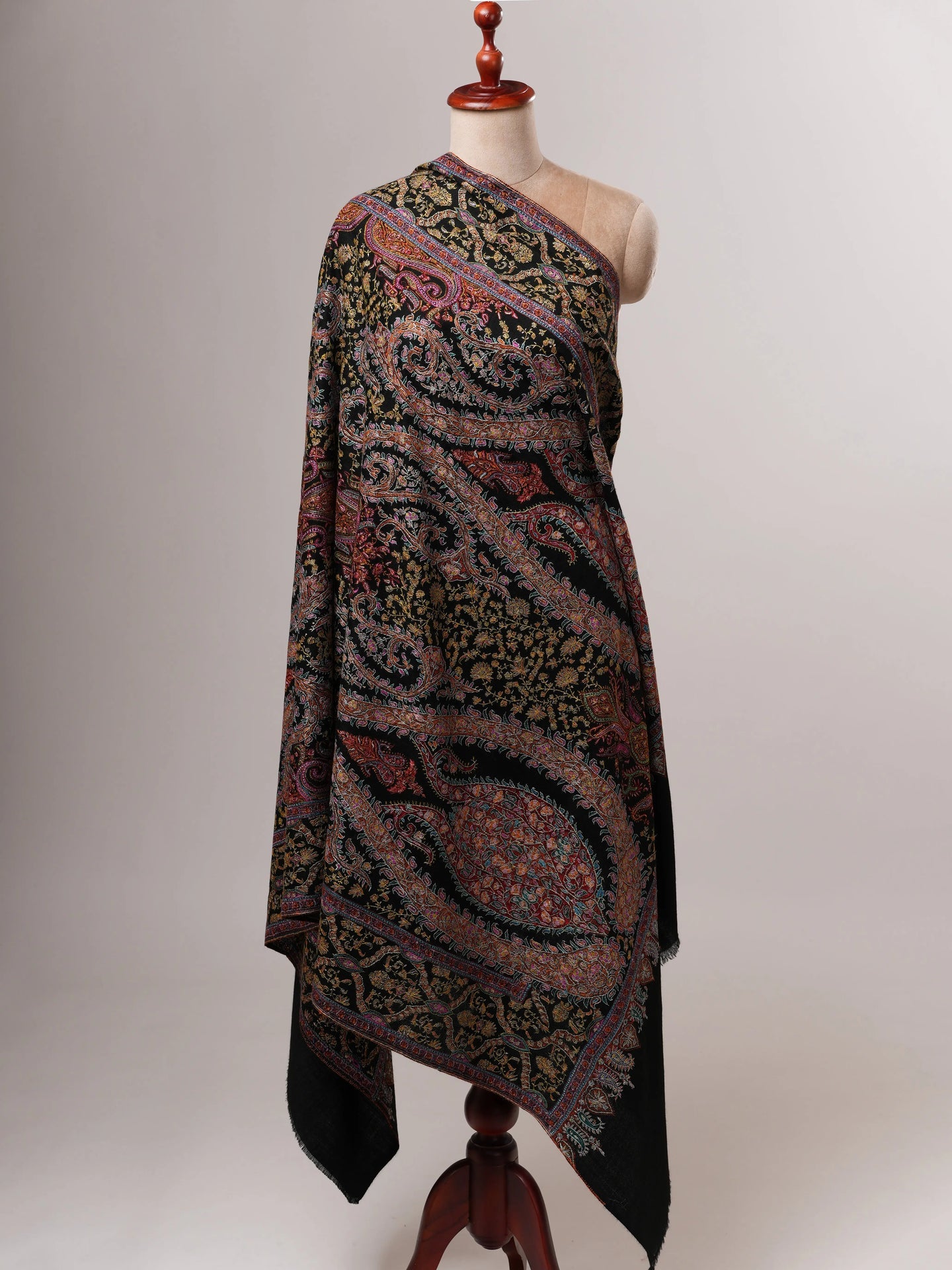 Black Pure Pashmina Jamavar Shawl with Hand Embroidery Shahkaar