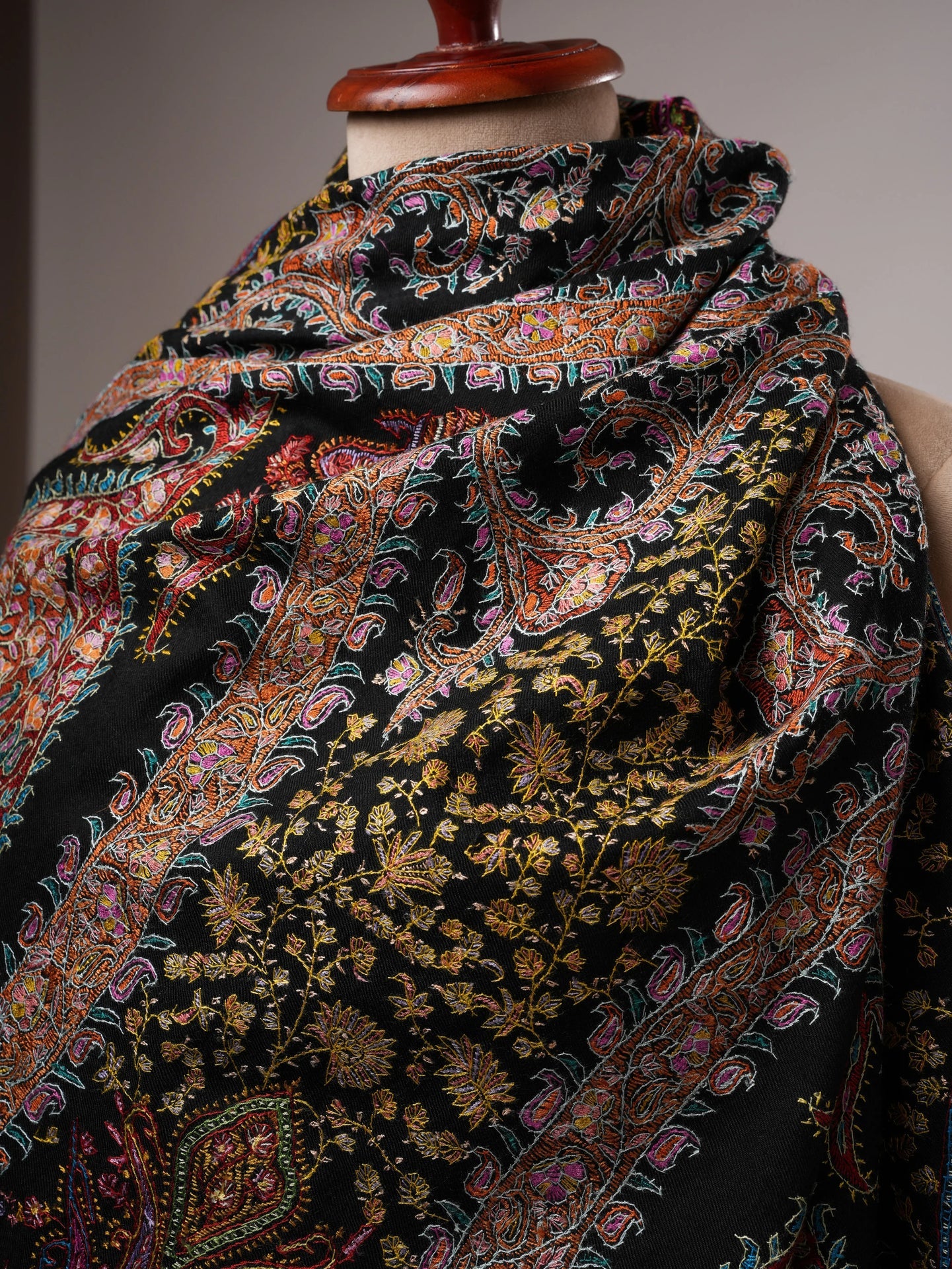 Black Pure Pashmina Jamavar Shawl with Hand Embroidery Shahkaar