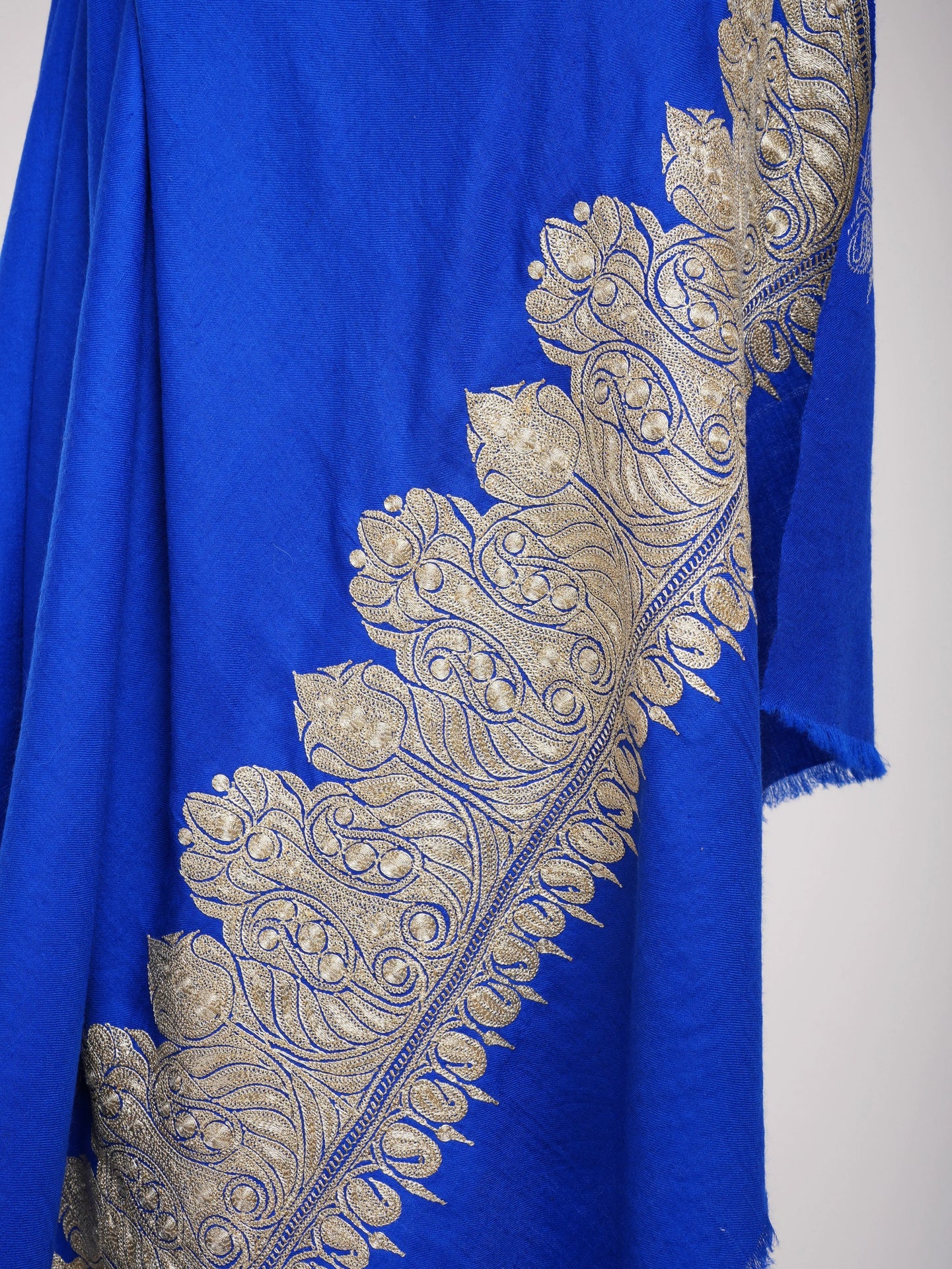 Blue Pashmina Shawl with Water Gold tilla Embroidery. Shahkaar