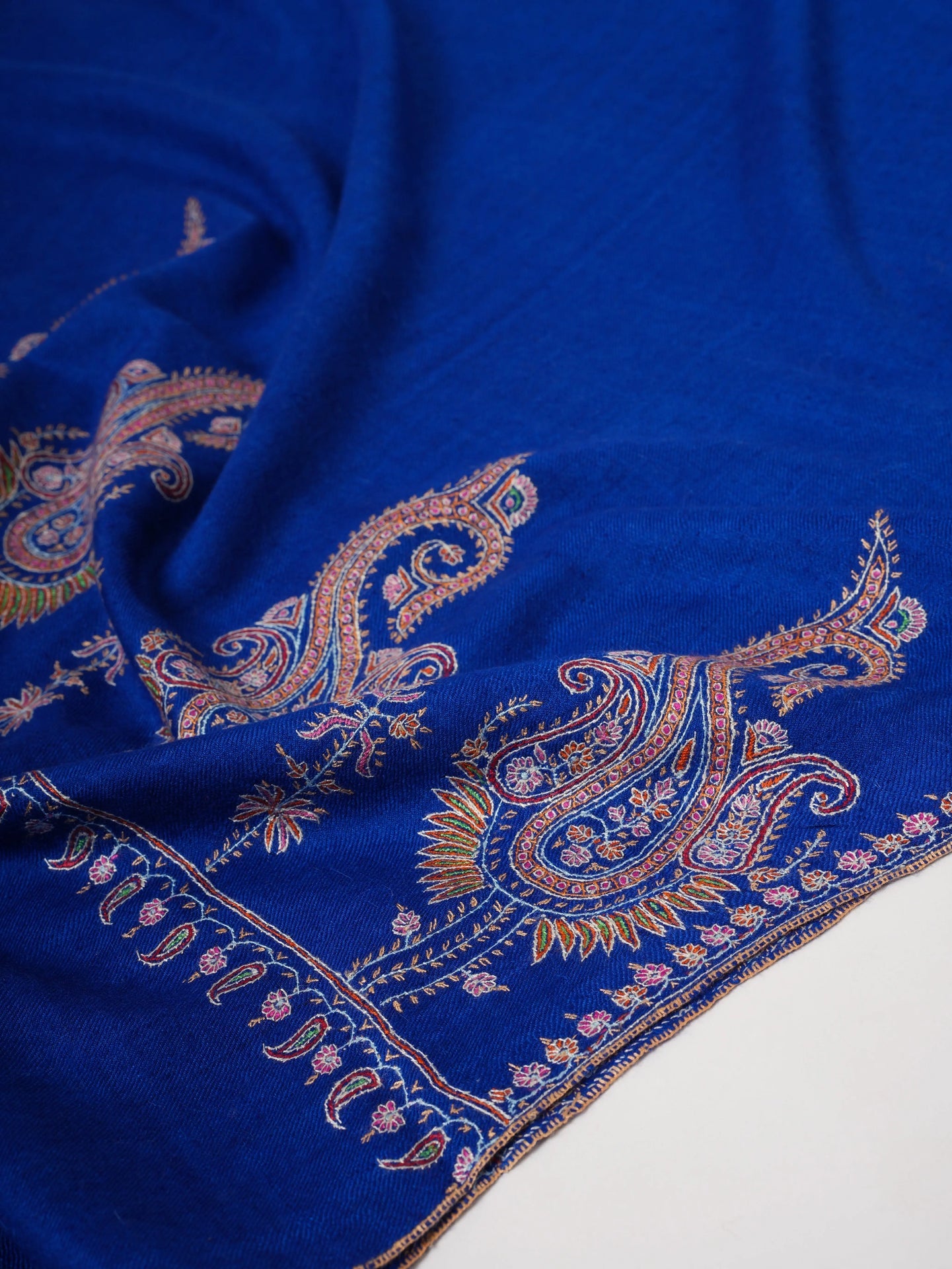 Blue Pure Cashmere Pashmina Scarf with Hand Embroidered Paisley Palla Shahkaar