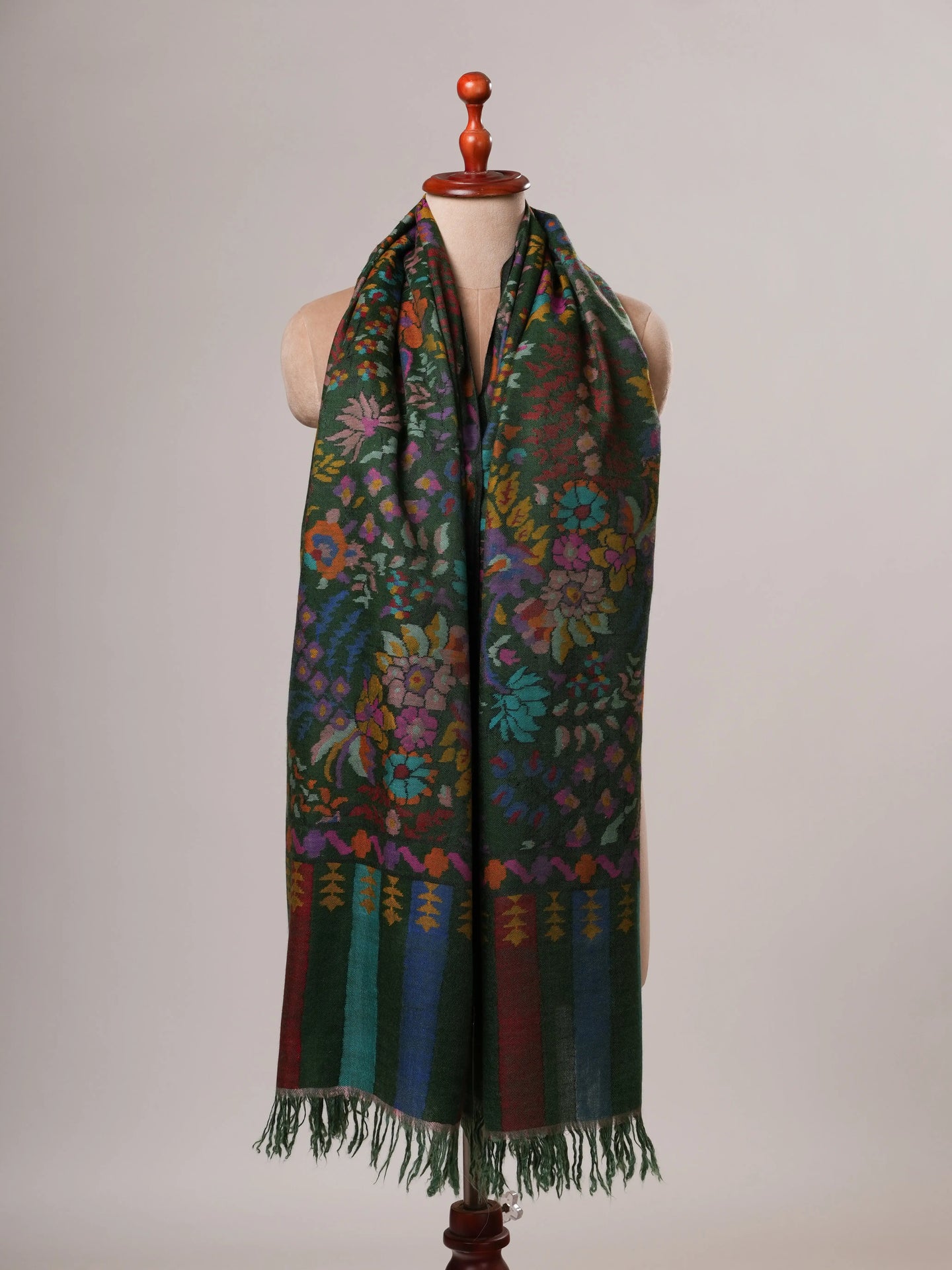 Bottle Green Handwoven Kani Indian Pashmina Shawl Shahkaar