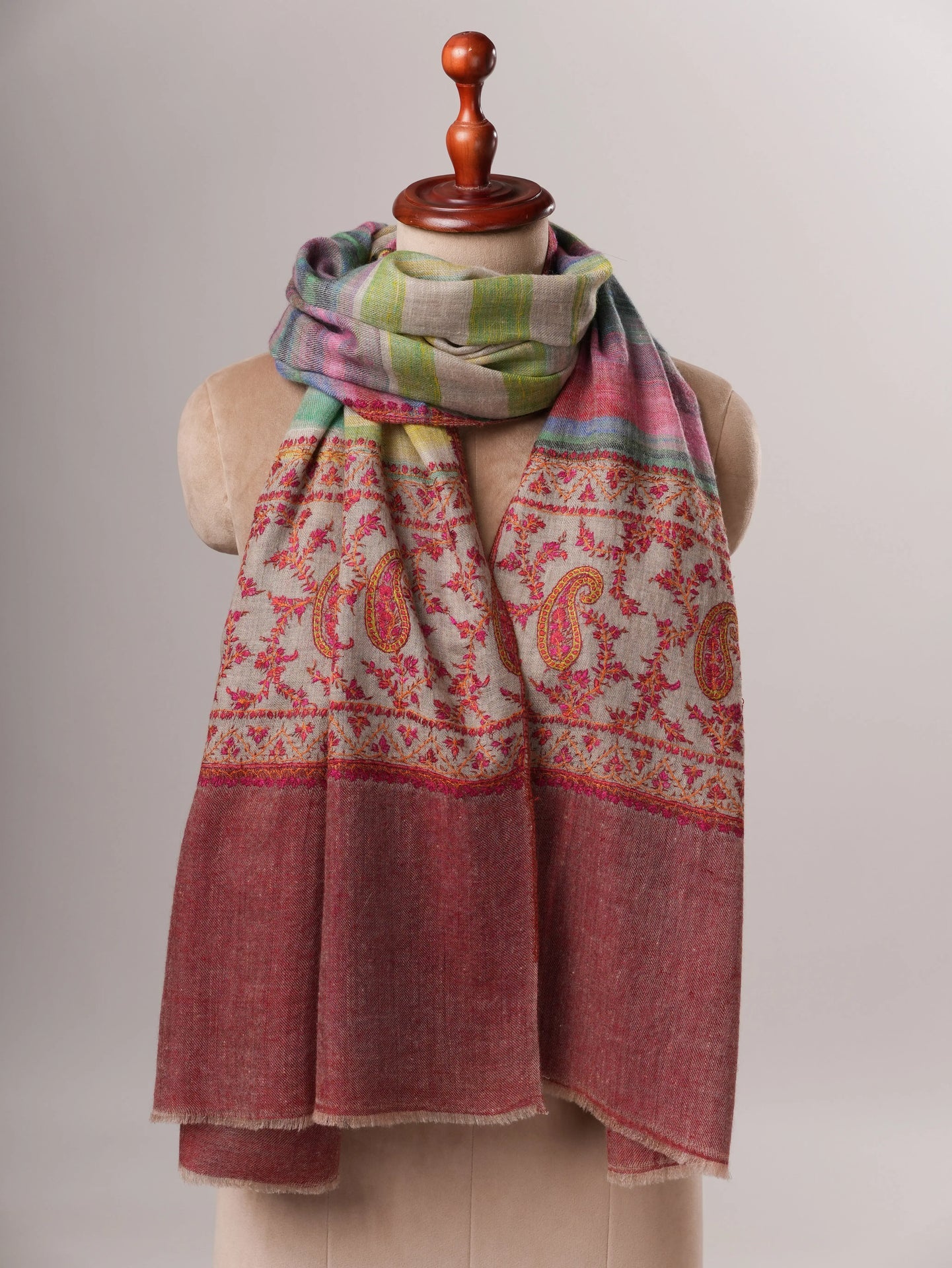Contemporary Ikat Cashmere Scarf with Handcrafted Palla Embroidery Shahkaar