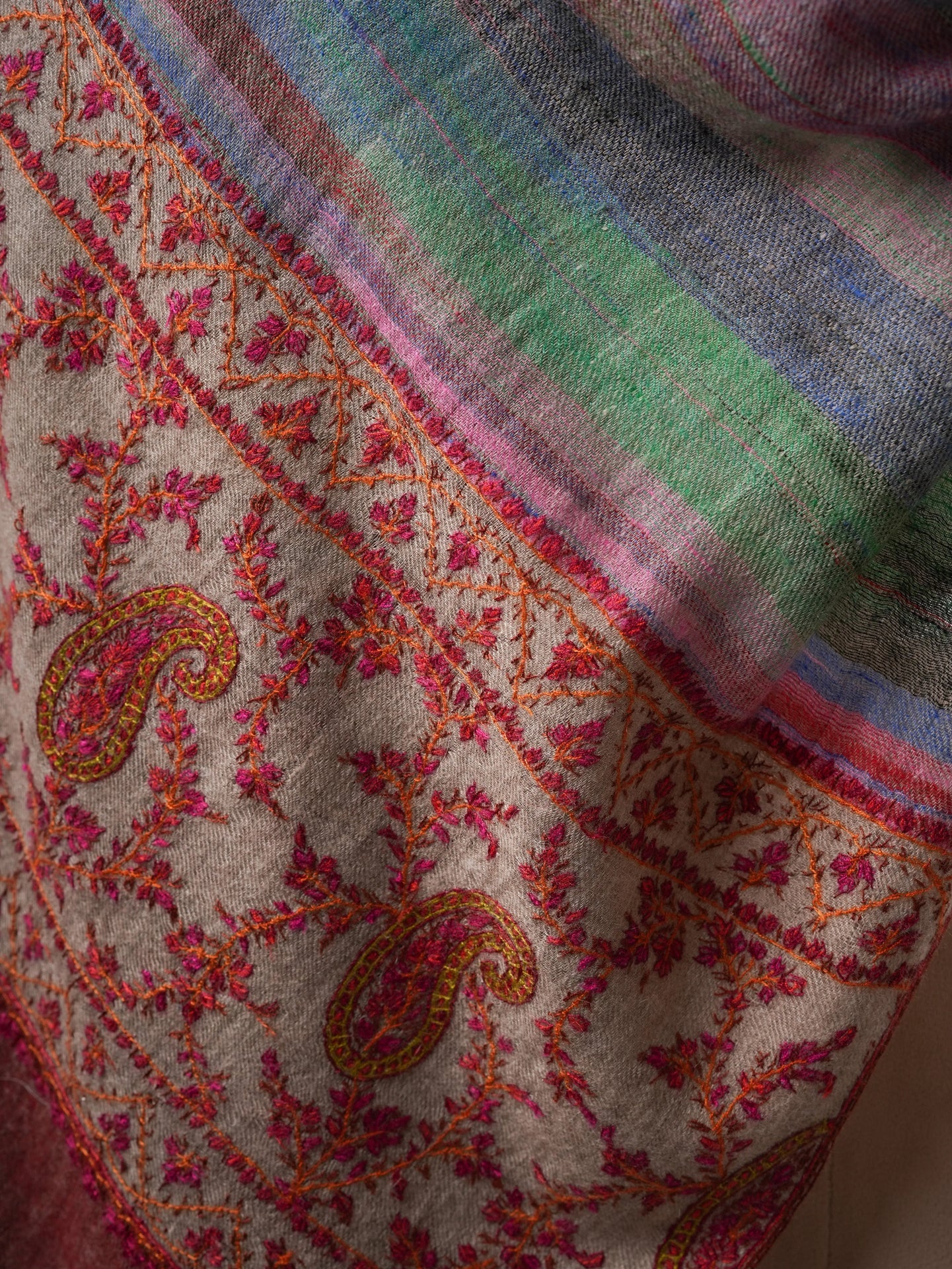 Contemporary Ikat Cashmere Scarf with Handcrafted Palla Embroidery Shahkaar