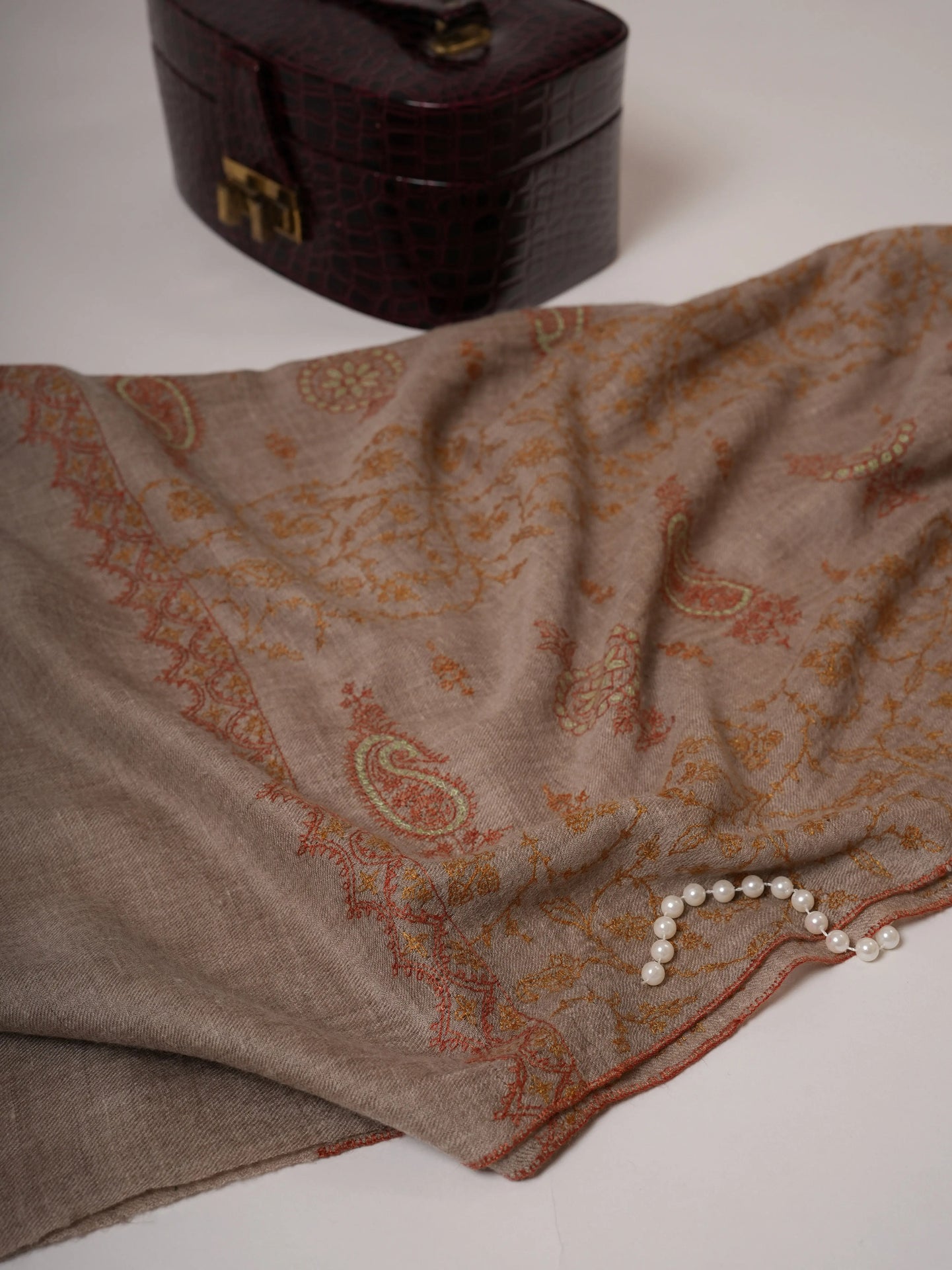 Contemporary Natural Grey Cashmere Scarf with All Over Embroidery Shahkaar