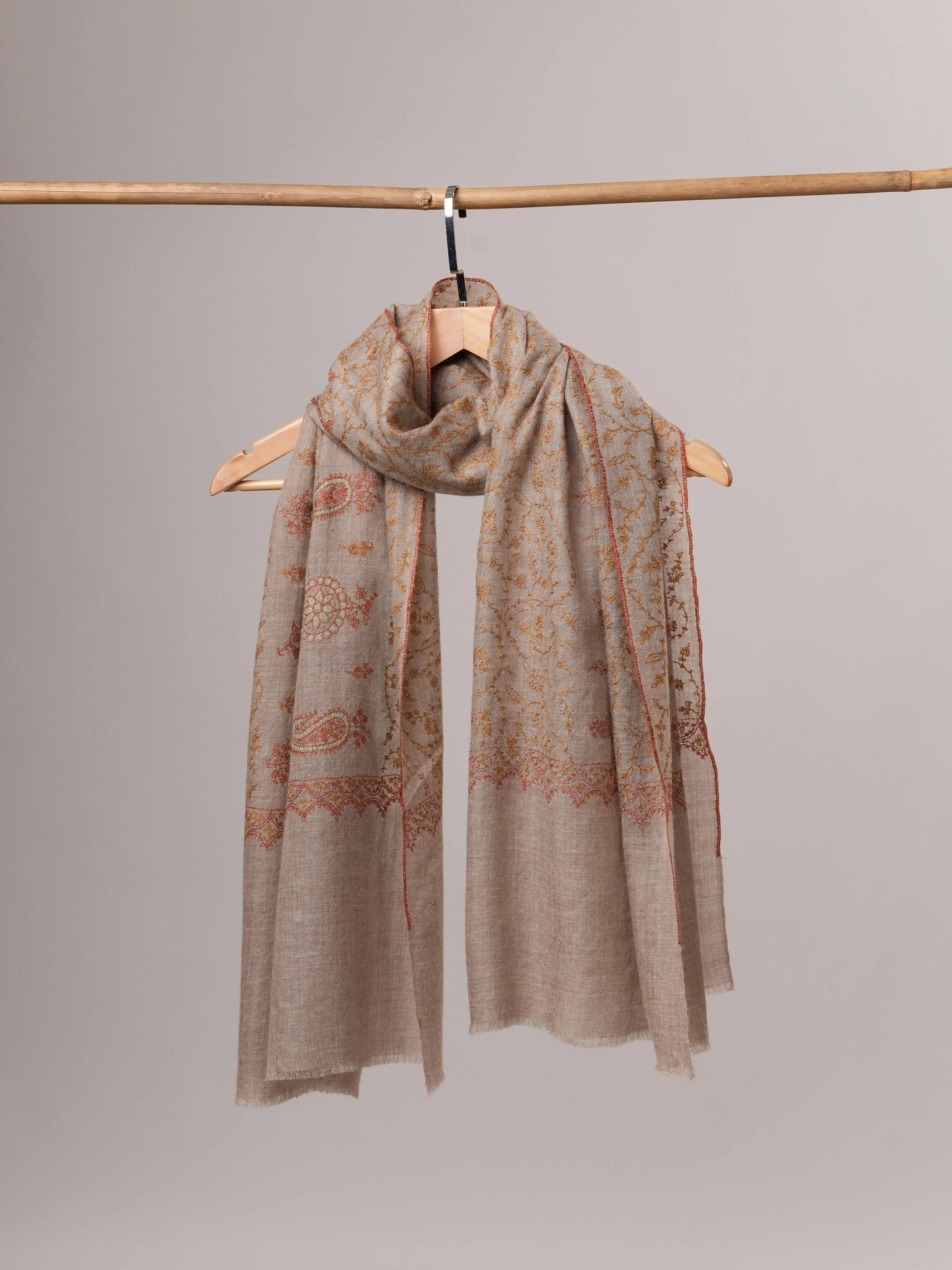 Contemporary Natural Grey Cashmere Scarf with All Over Embroidery Shahkaar