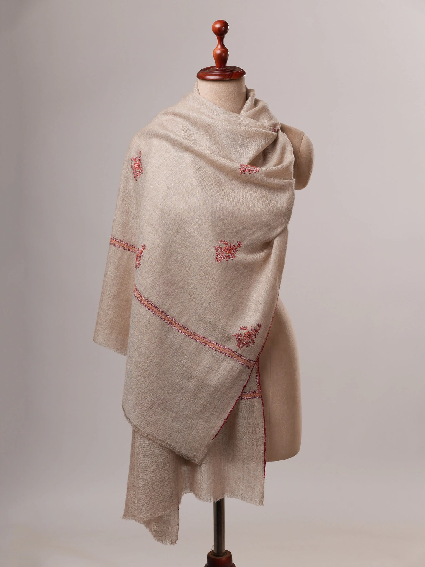 Contemporary Natural Grey Cashmere Scarf with Buteh Handwork Shahkaar