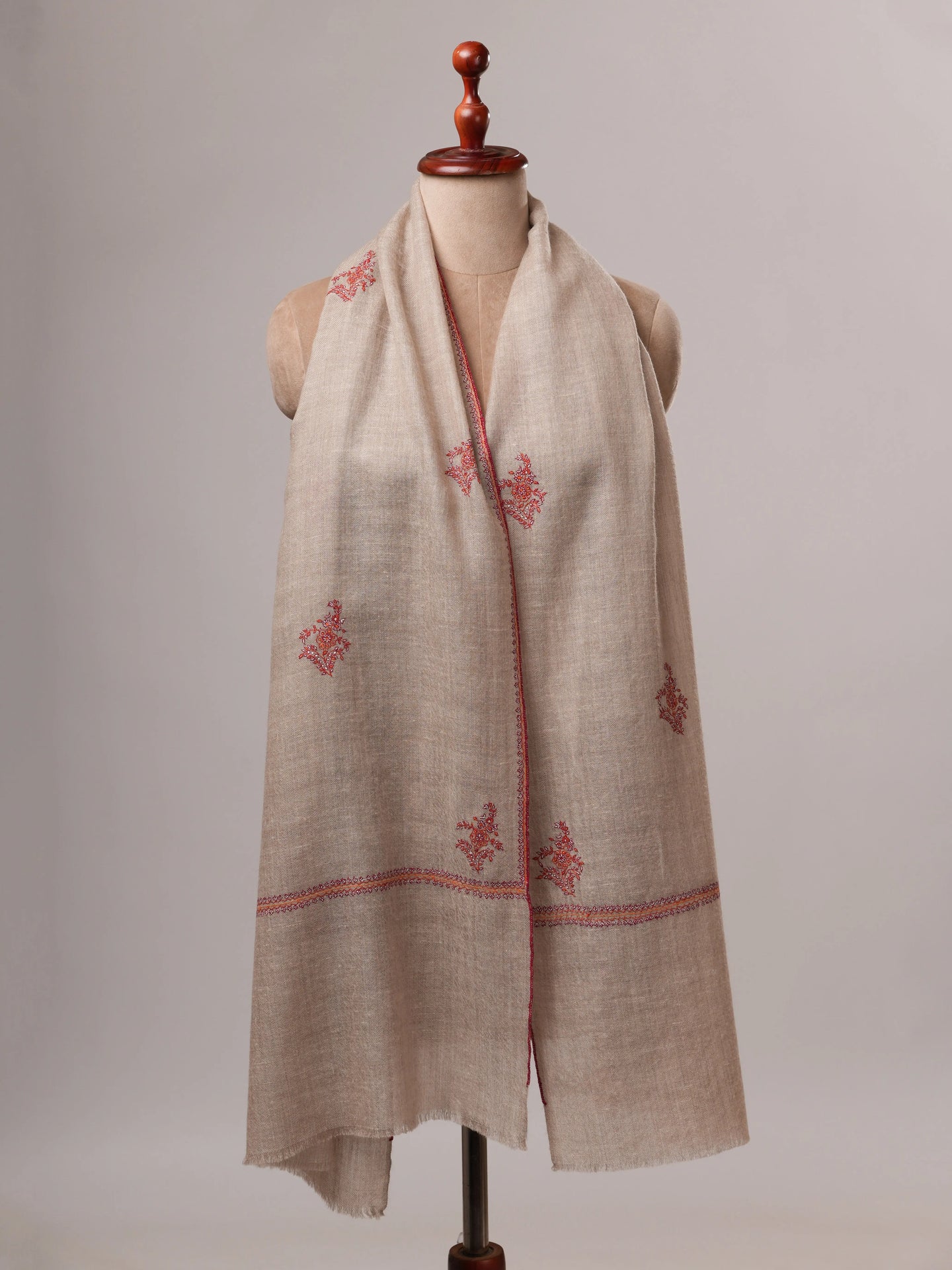 Contemporary Natural Grey Cashmere Scarf with Buteh Handwork Shahkaar