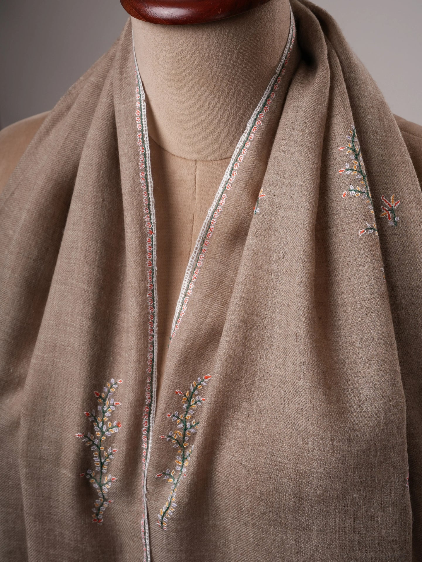 Contemporary Natural Grey Cashmere Scarf with Buteh Handwork Shahkaar