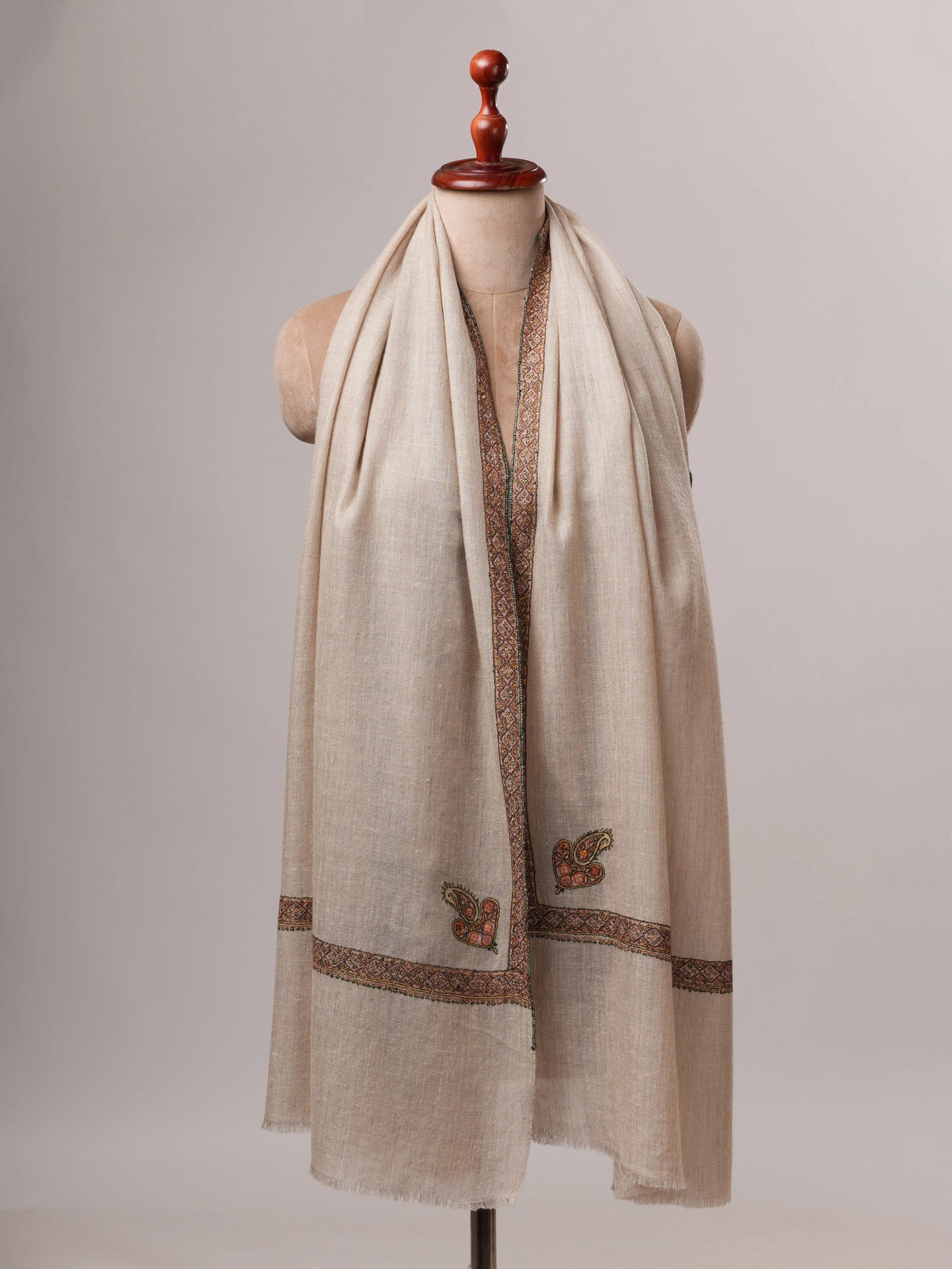 Contemporary Natural Grey Cashmere Scarf with Hashia Embroidery Shahkaar