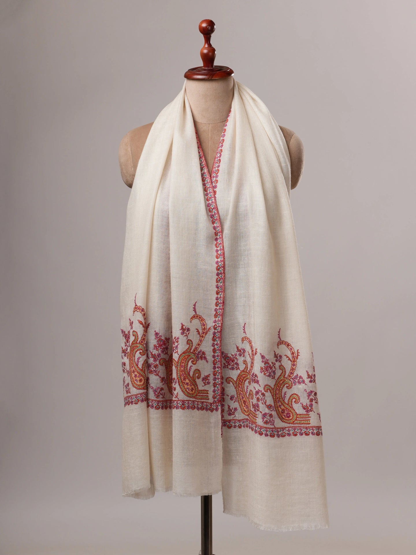 Contemporary Off White Cashmere Scarf with Palla Paisley Embroidery Shahkaar