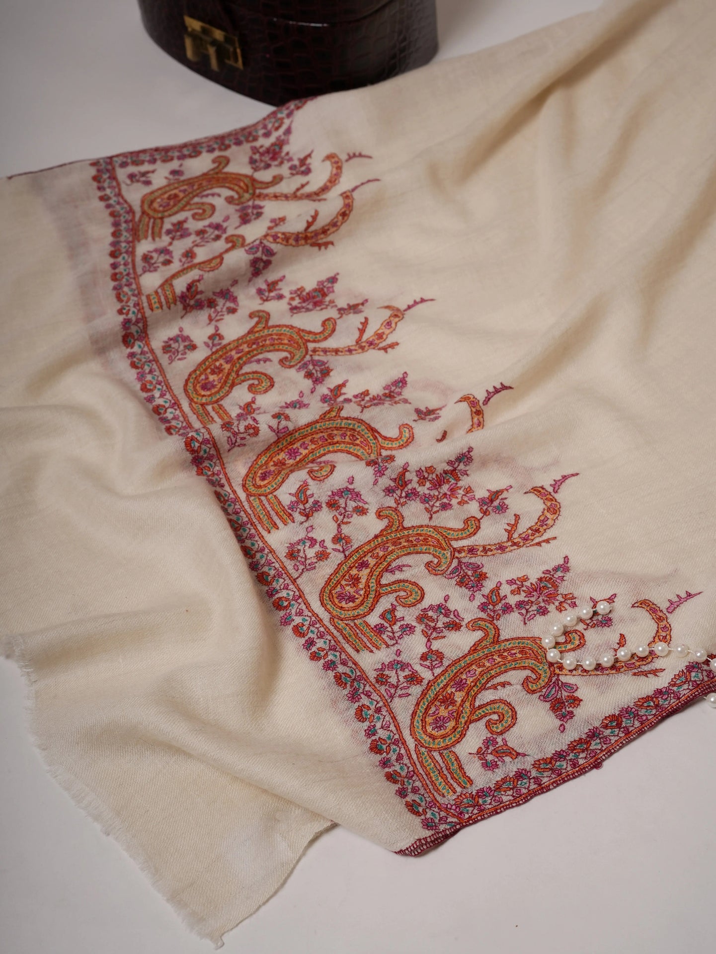 Contemporary Off White Cashmere Scarf with Palla Paisley Embroidery Shahkaar