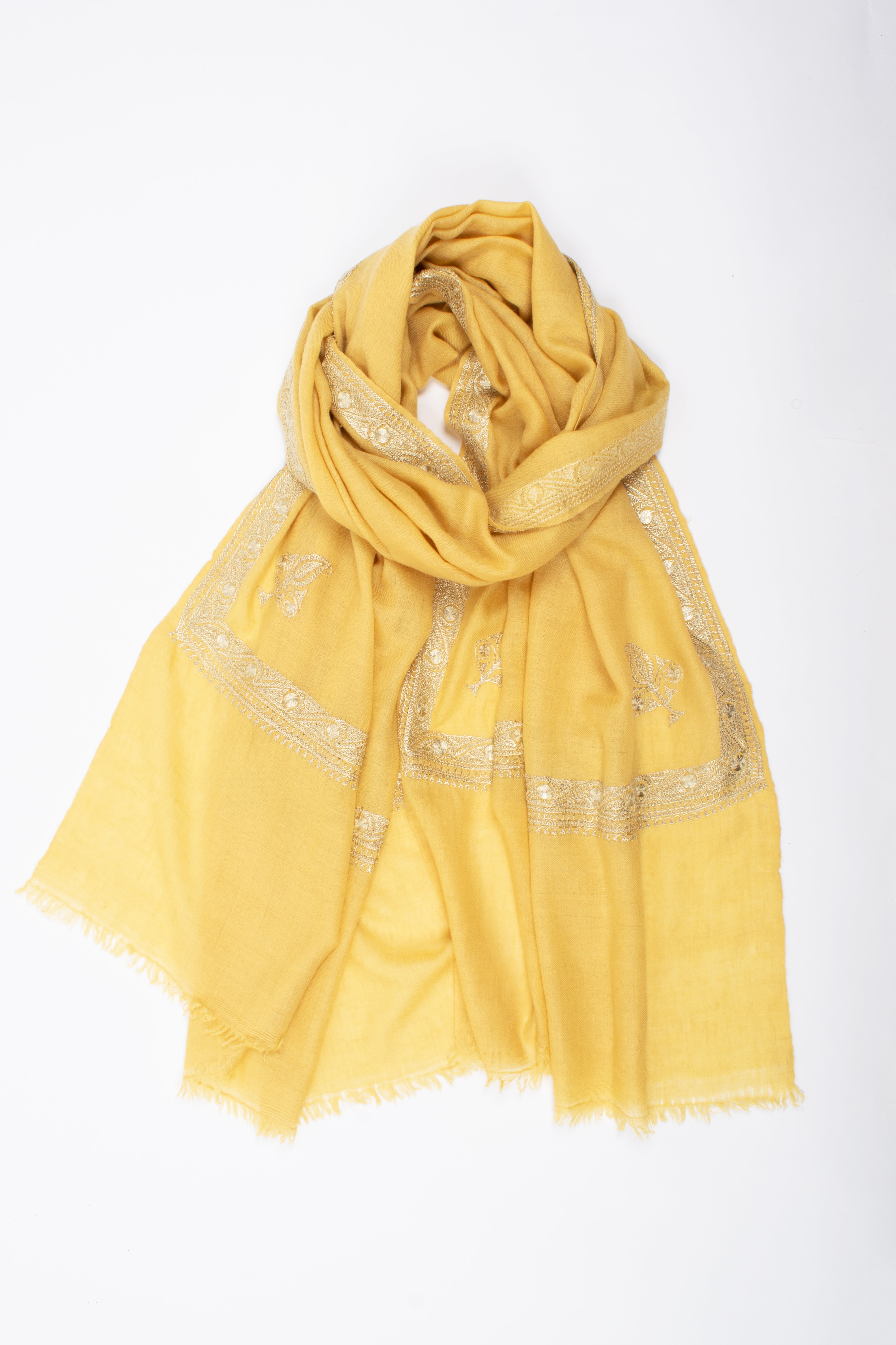 Golden Yellow Tilla Embroidered Cashmere Scarf