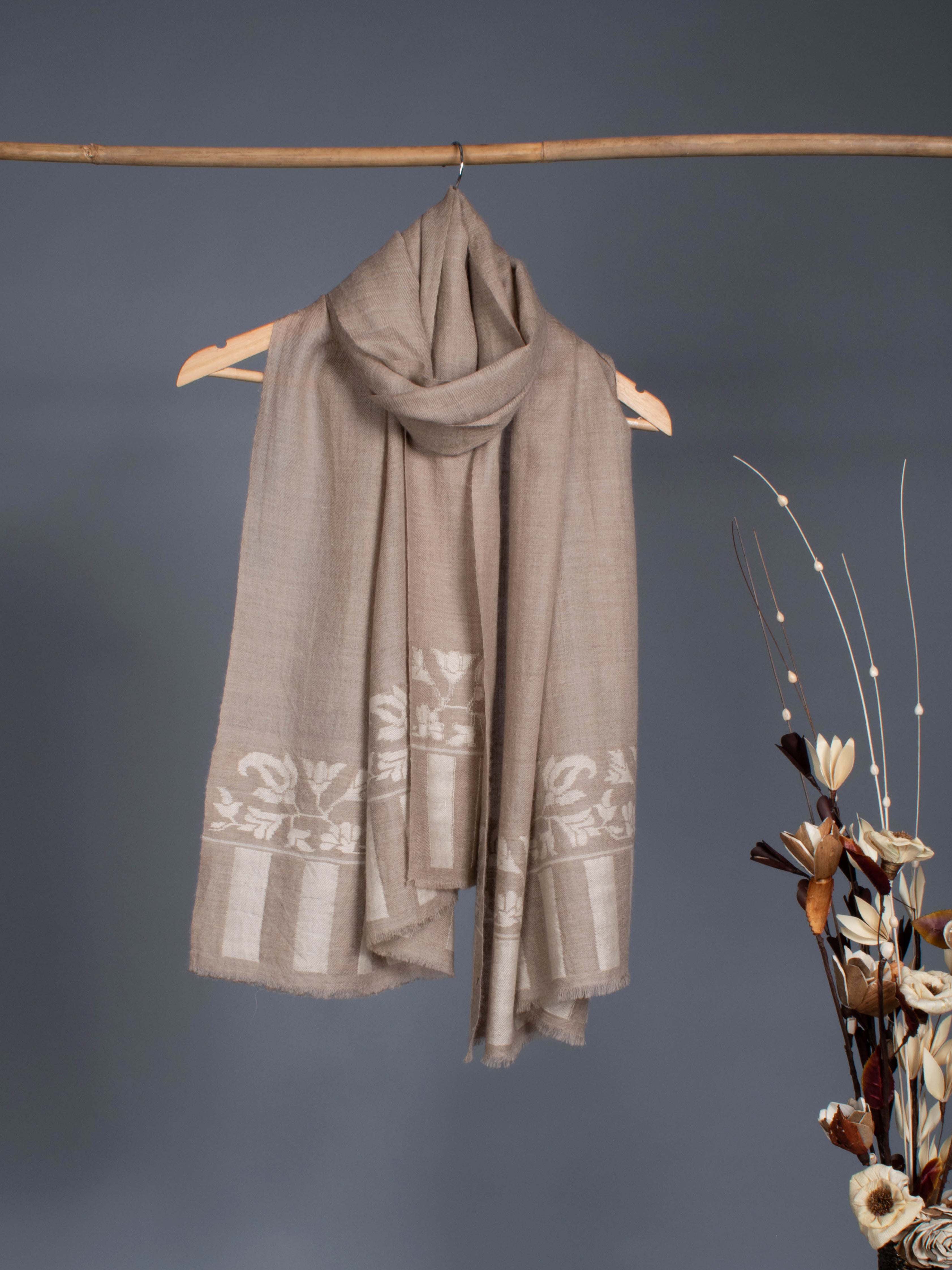 Beige and White Handmade Kani Cashmere Scarf