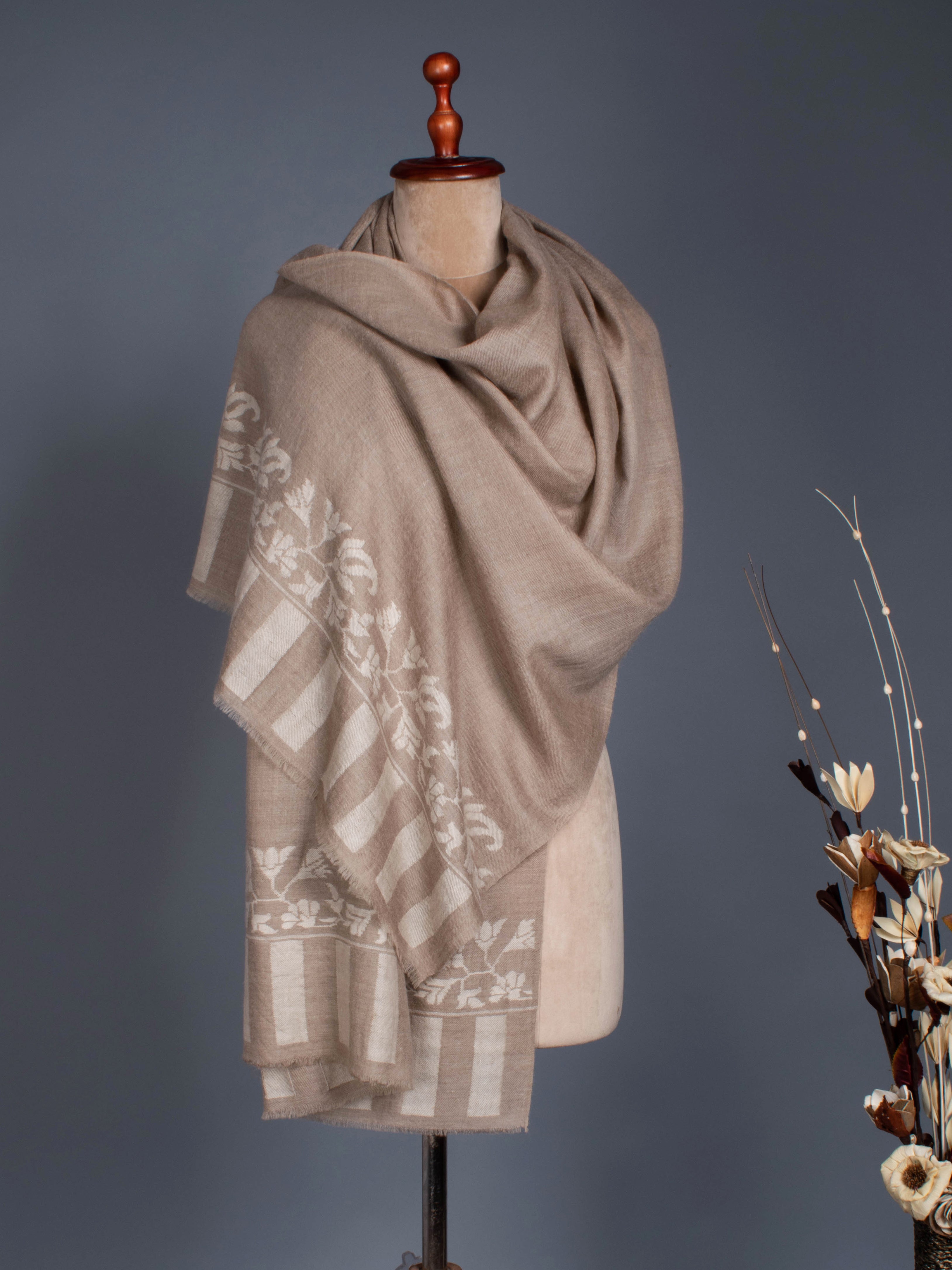 Beige and White Handmade Kani Cashmere Scarf