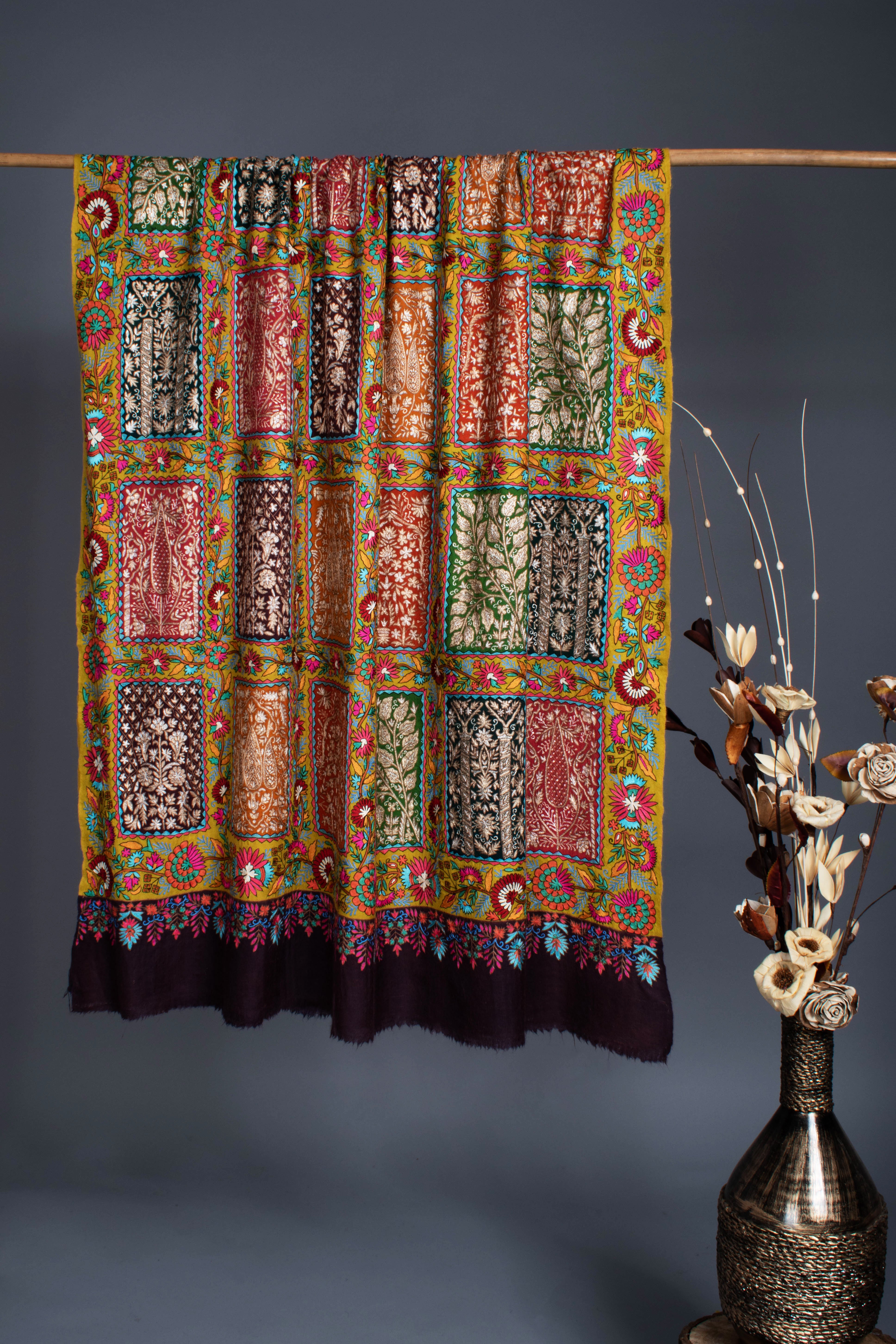 Zari and Art silk Embroidered Fusion Pashmina Shawl