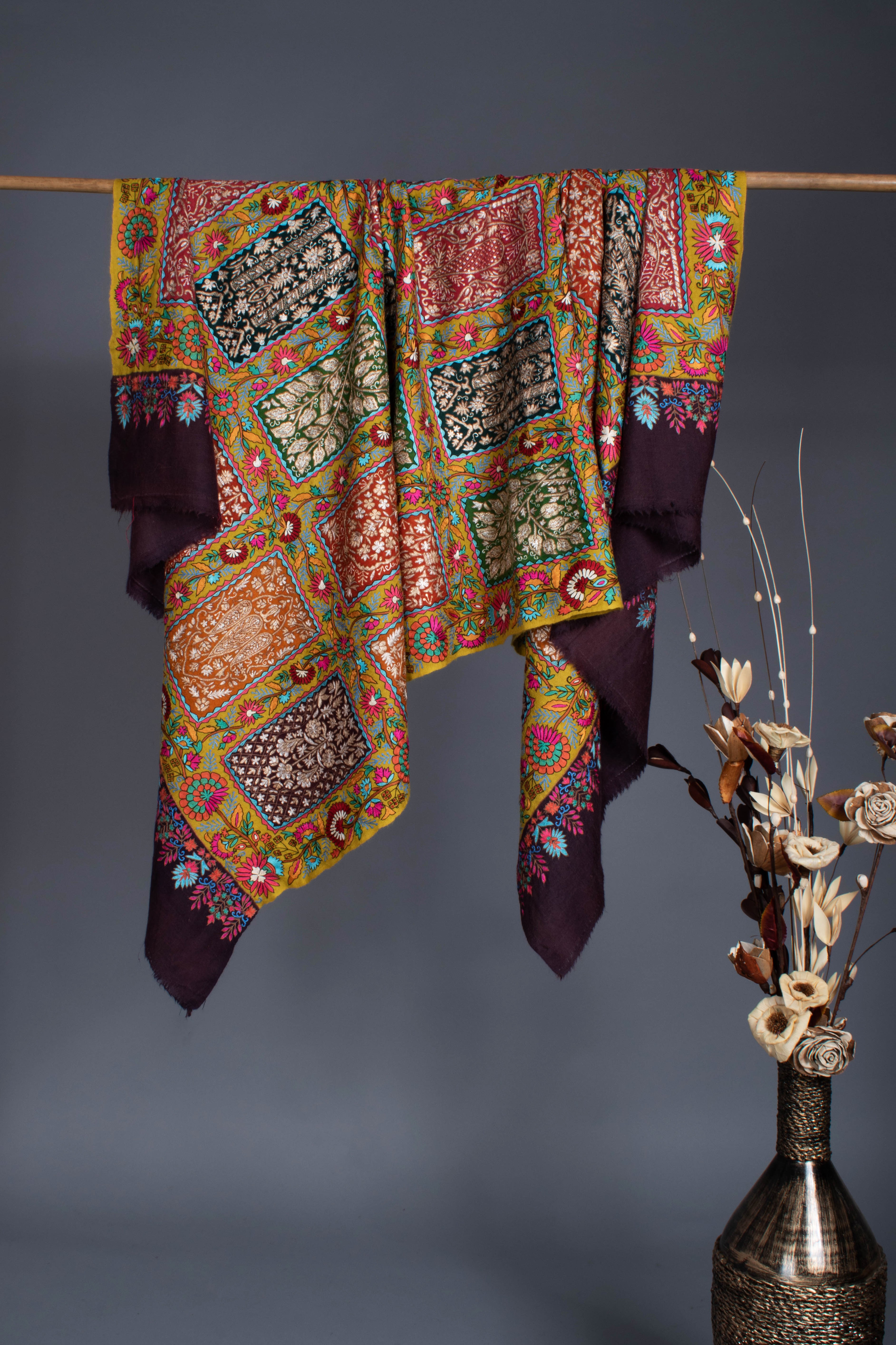 Zari and Art silk Embroidered Fusion Pashmina Shawl