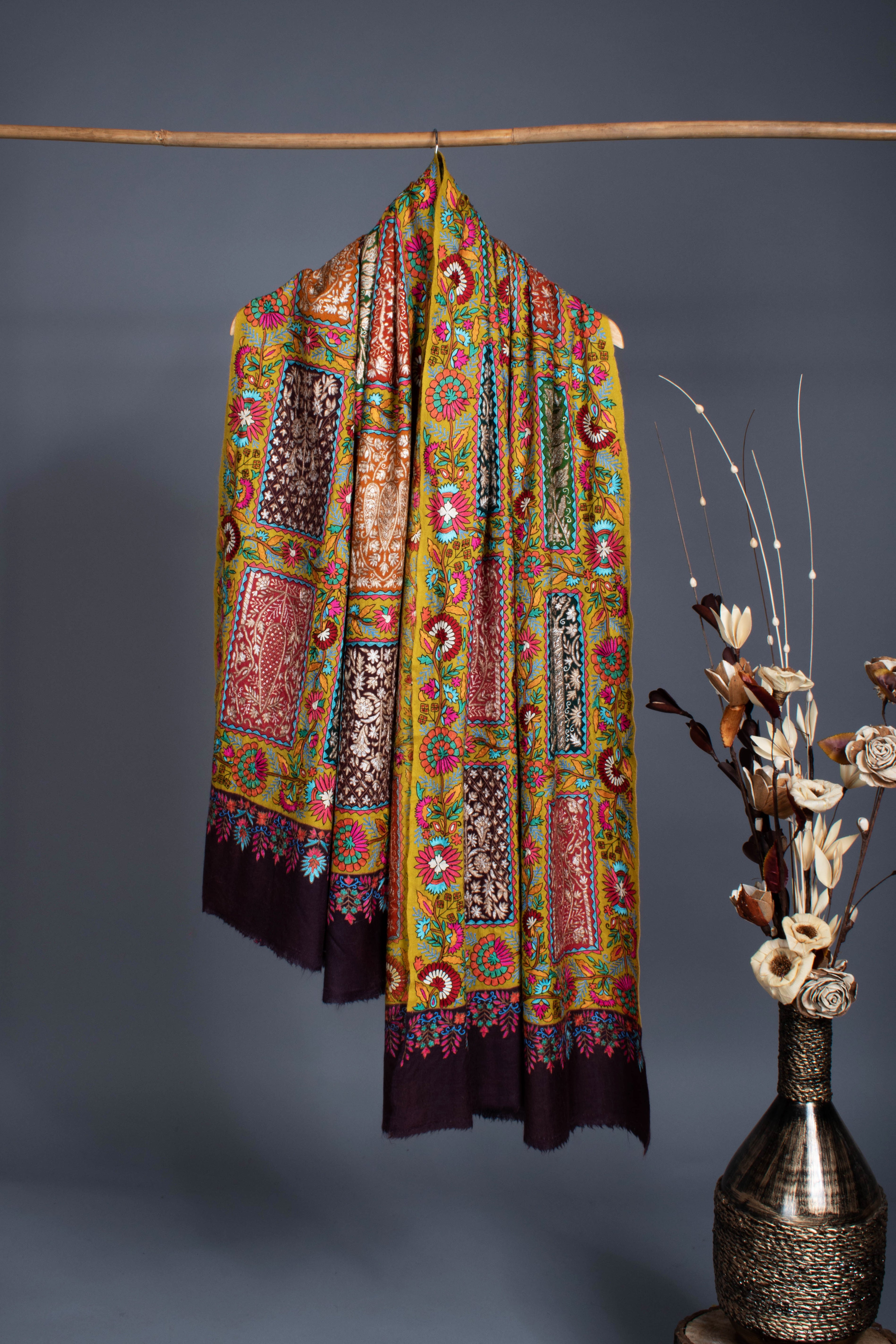 Zari and Art silk Embroidered Fusion Pashmina Shawl