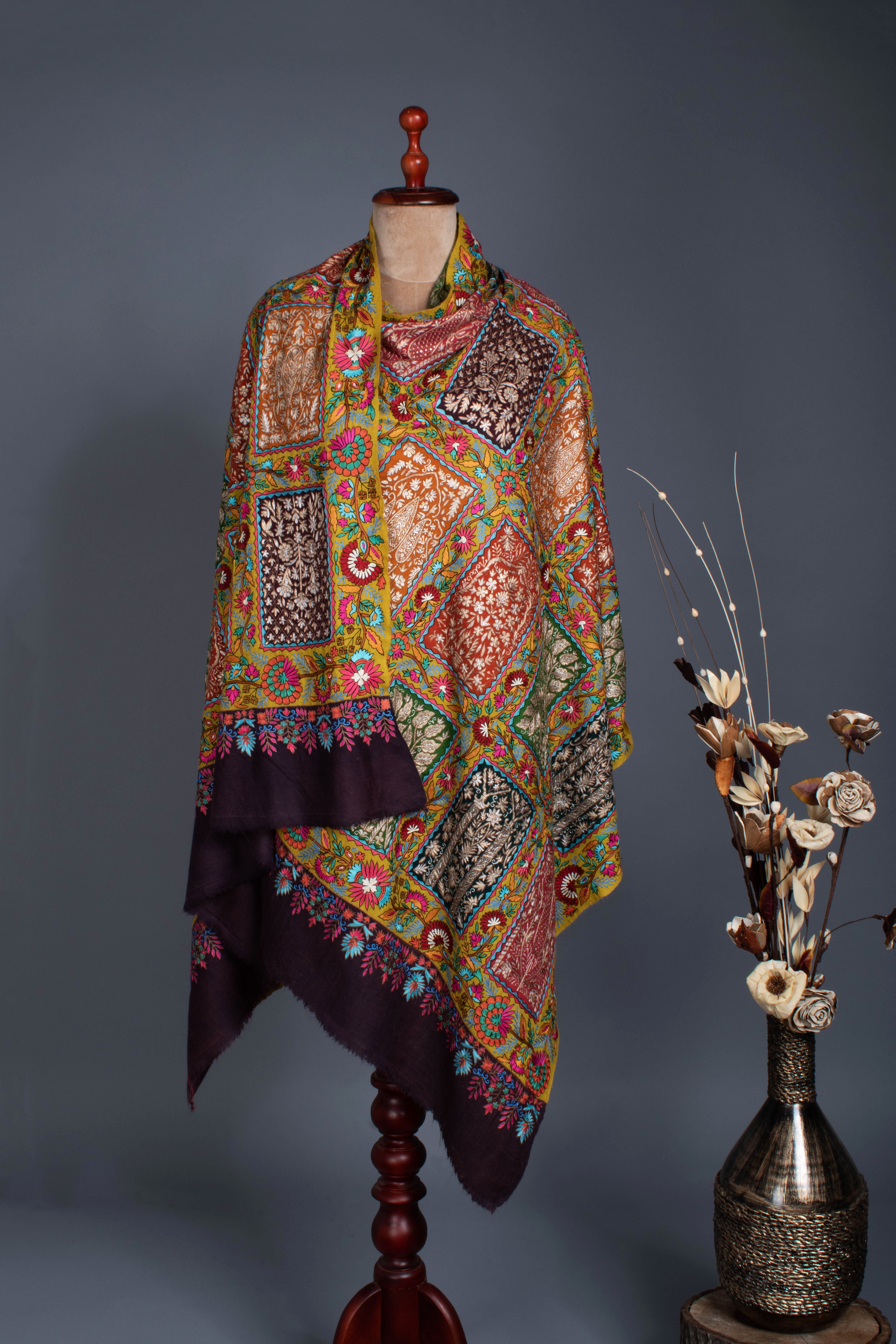 Zari and Art silk Embroidered Fusion Pashmina Shawl