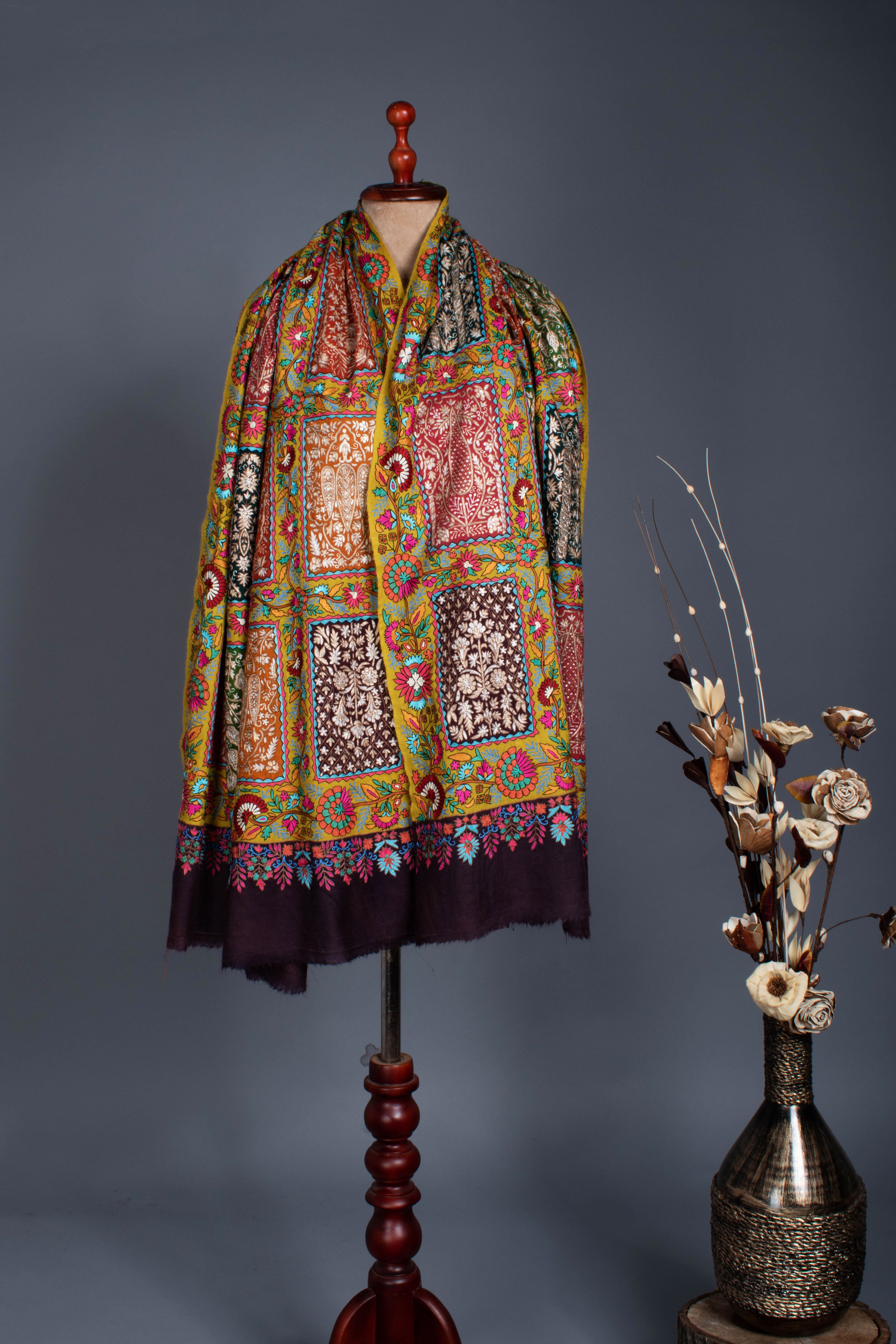 Zari and Art silk Embroidered Fusion Pashmina Shawl