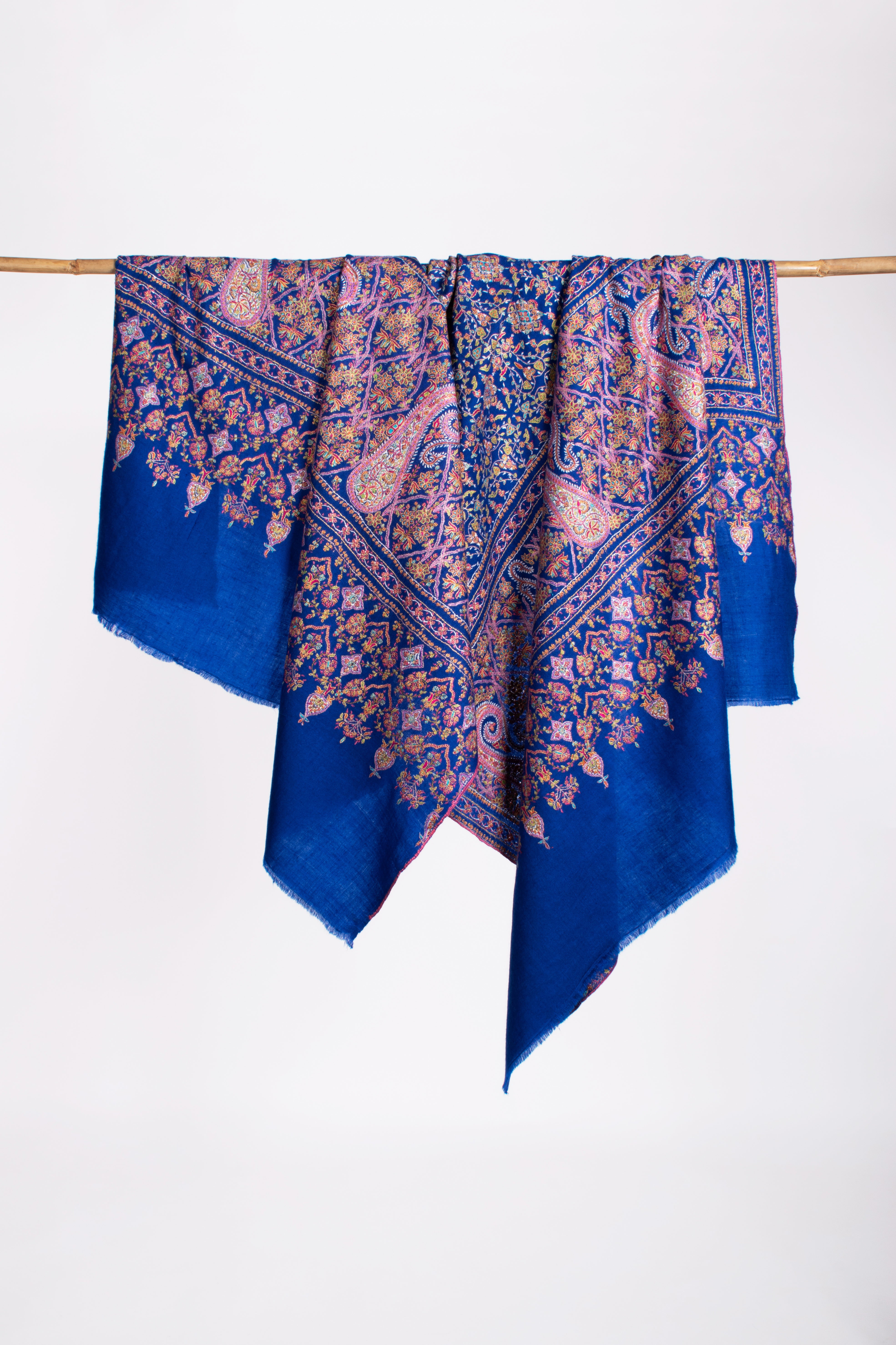 Châle Jamavar Pashmina de mariée bleu cobalt