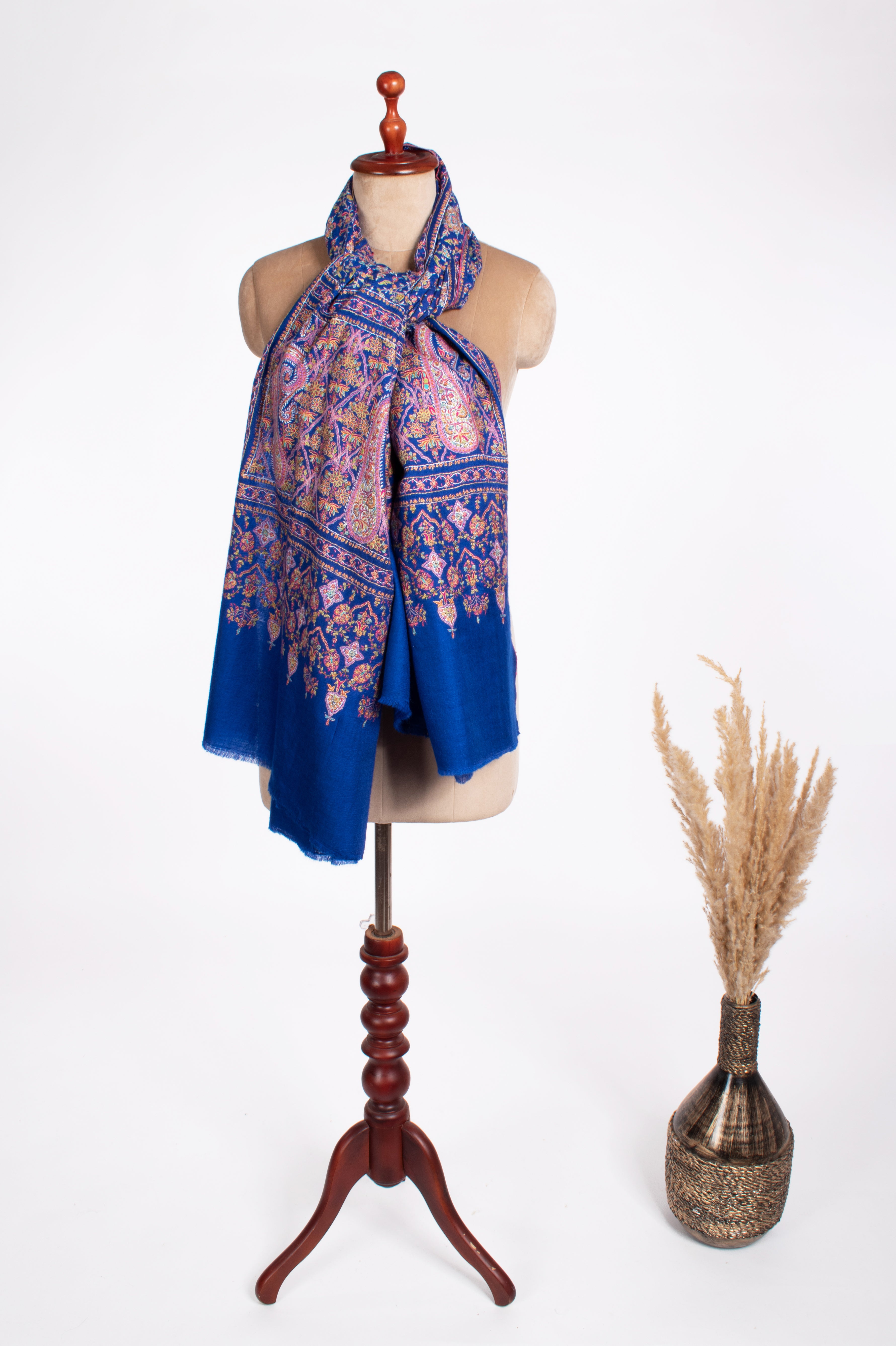 Châle Jamavar Pashmina de mariée bleu cobalt