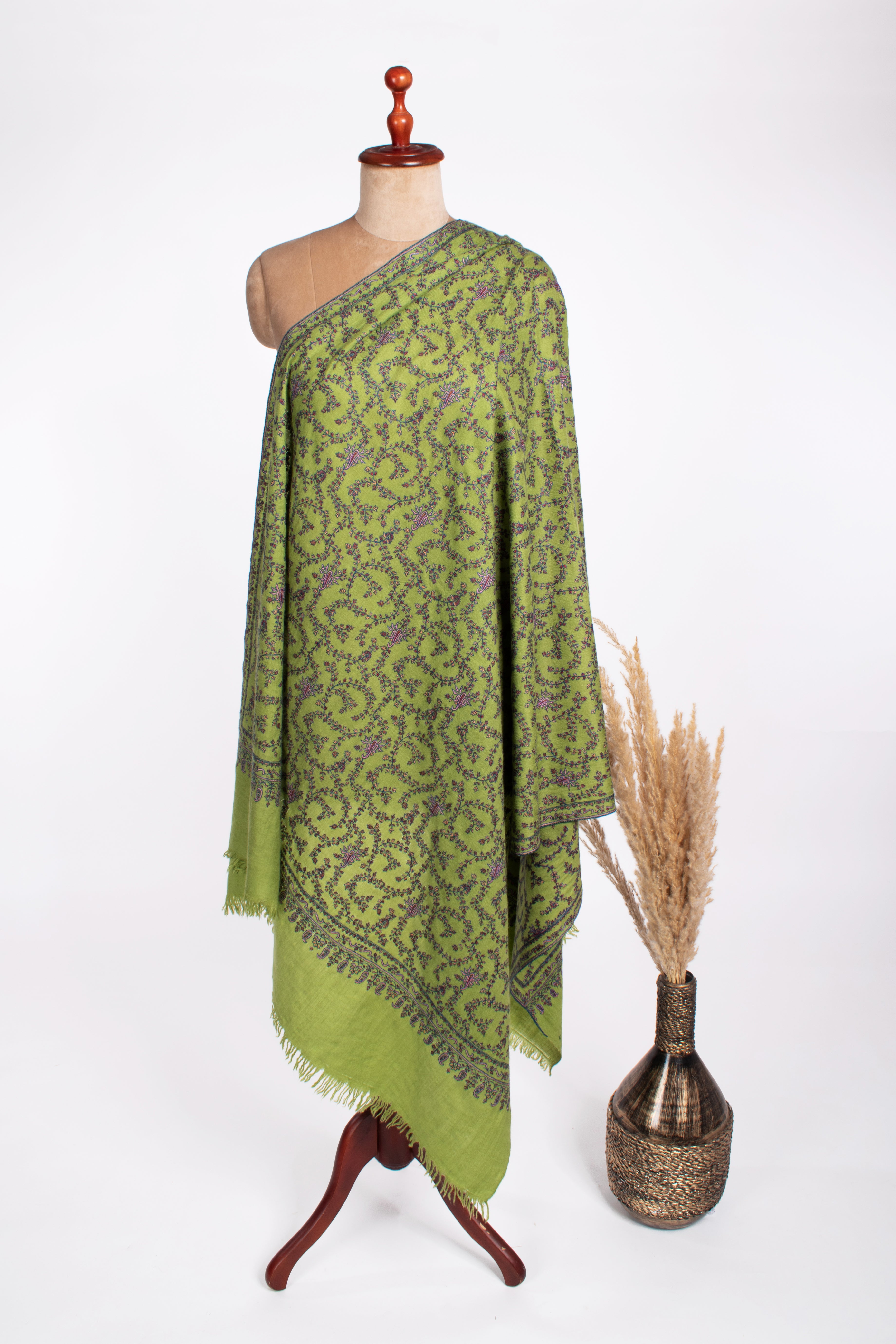 Green Embroidered Artistic Pashmina Shawl