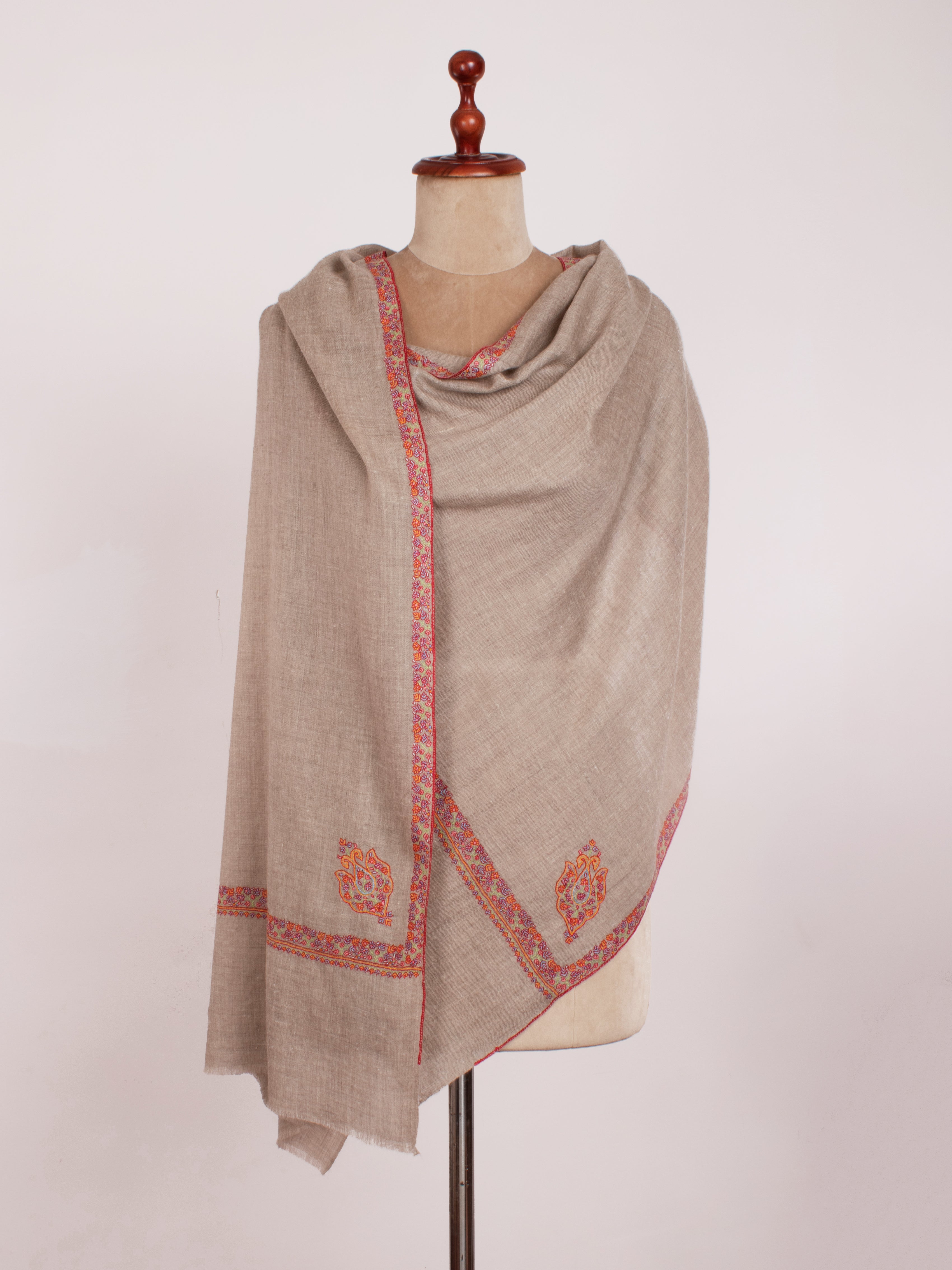 Natural Grey Embroidered Neck Scarf Cashmere