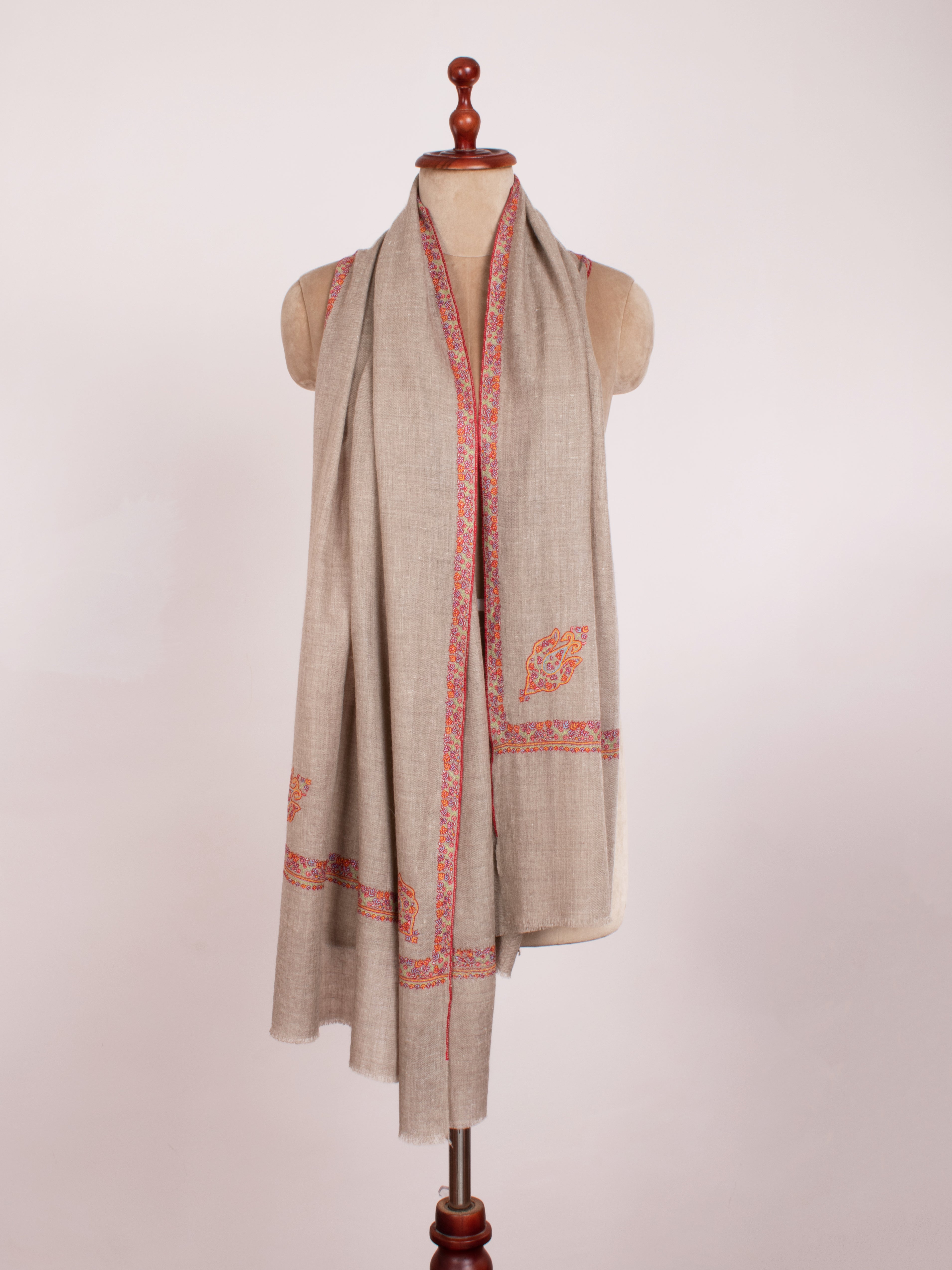 Natural Grey Embroidered Neck Scarf Cashmere