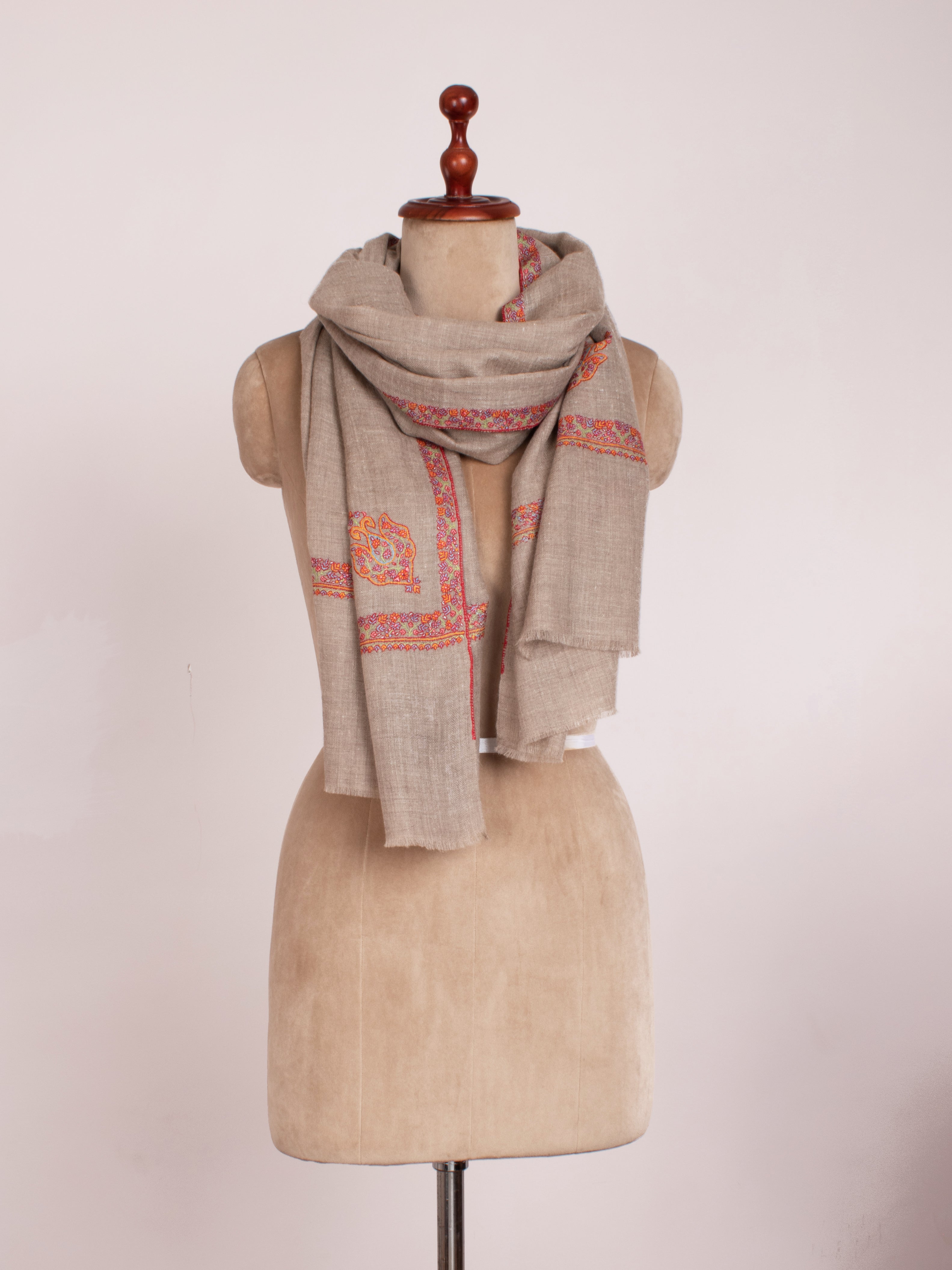 Natural Grey Embroidered Neck Scarf Cashmere