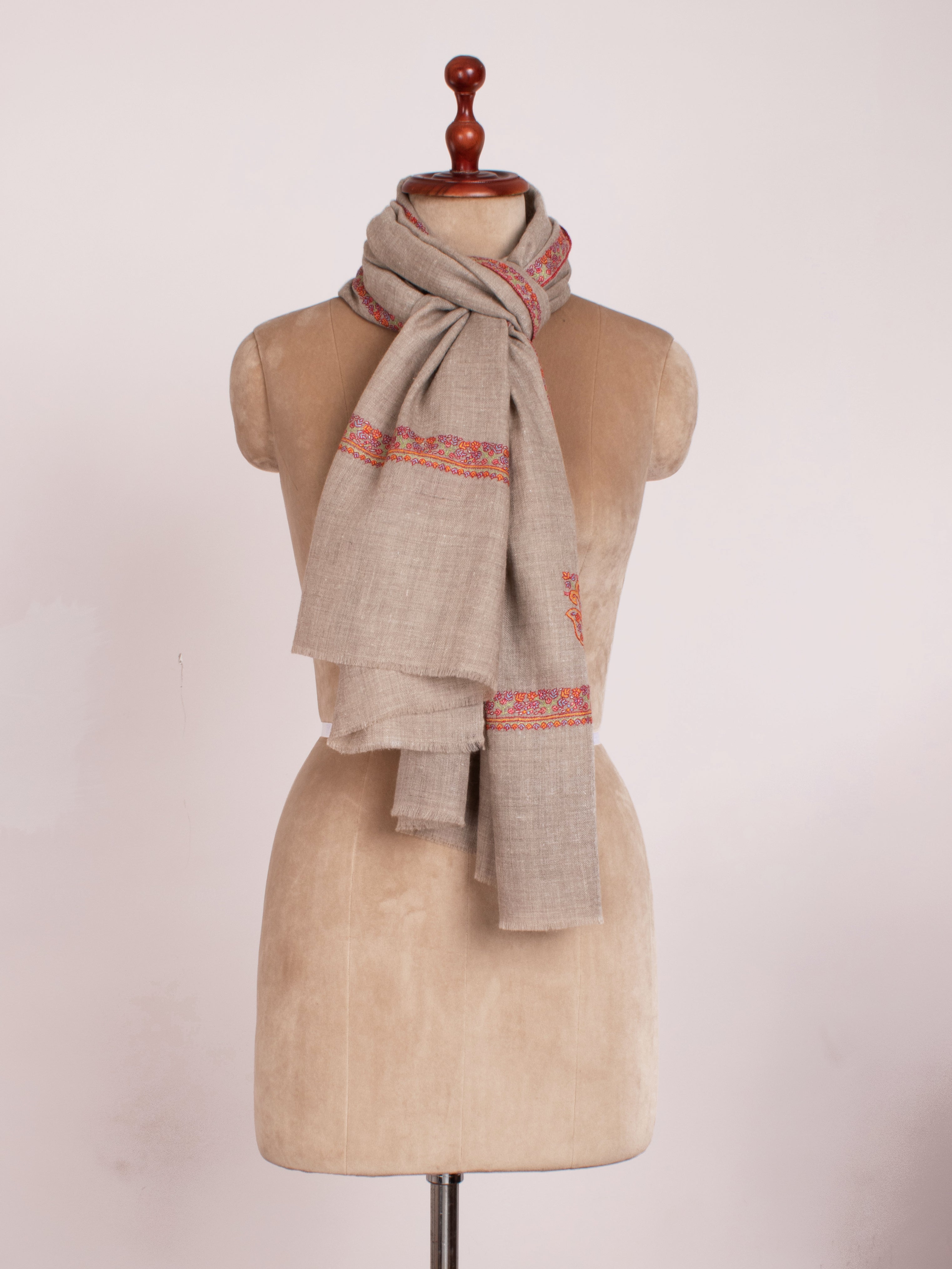 Natural Grey Embroidered Neck Scarf Cashmere