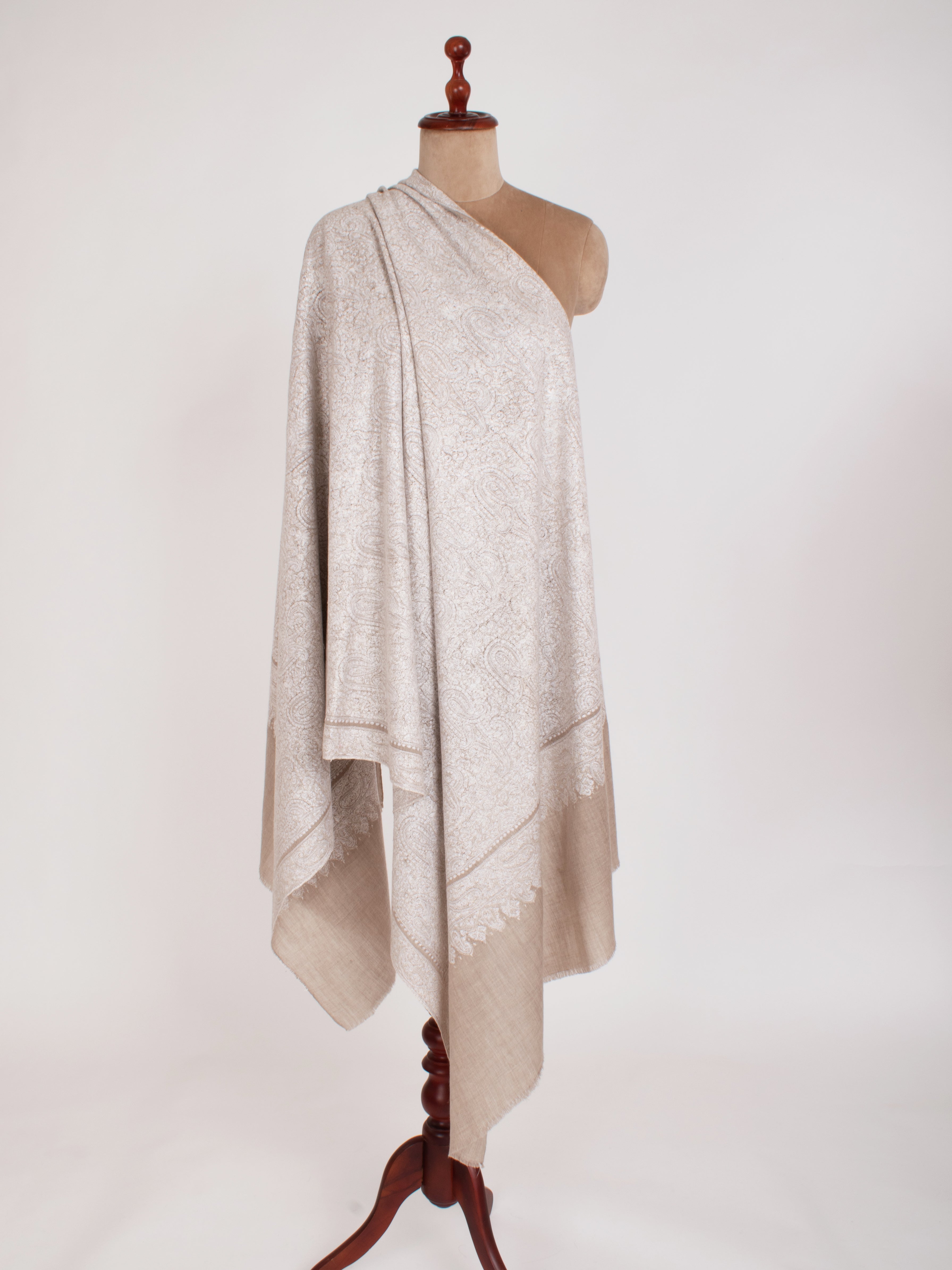 White on Grey Luxury Bridal Embroidered Pashmina Shawl