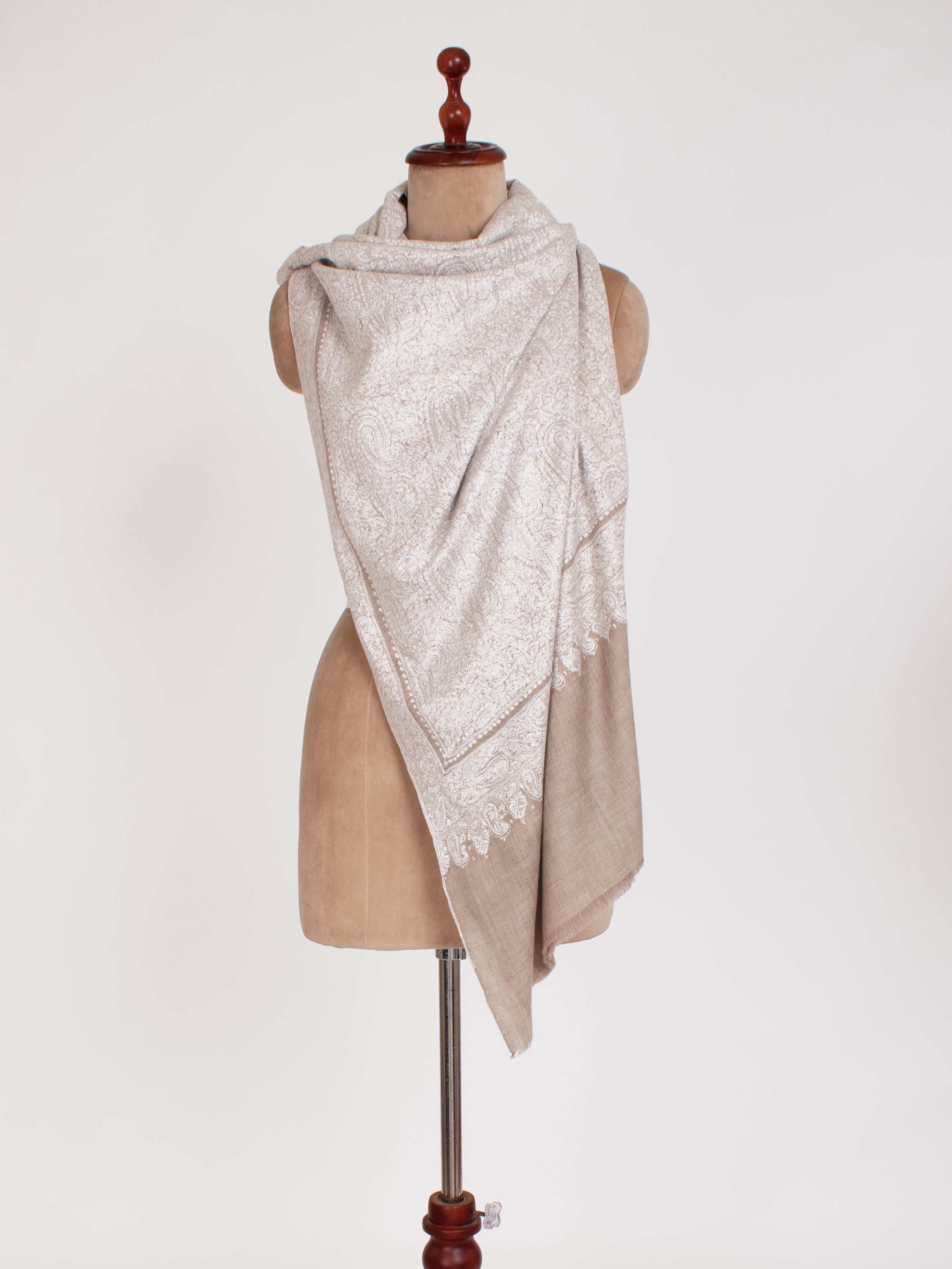 White on Grey Luxury Bridal Embroidered Pashmina Shawl