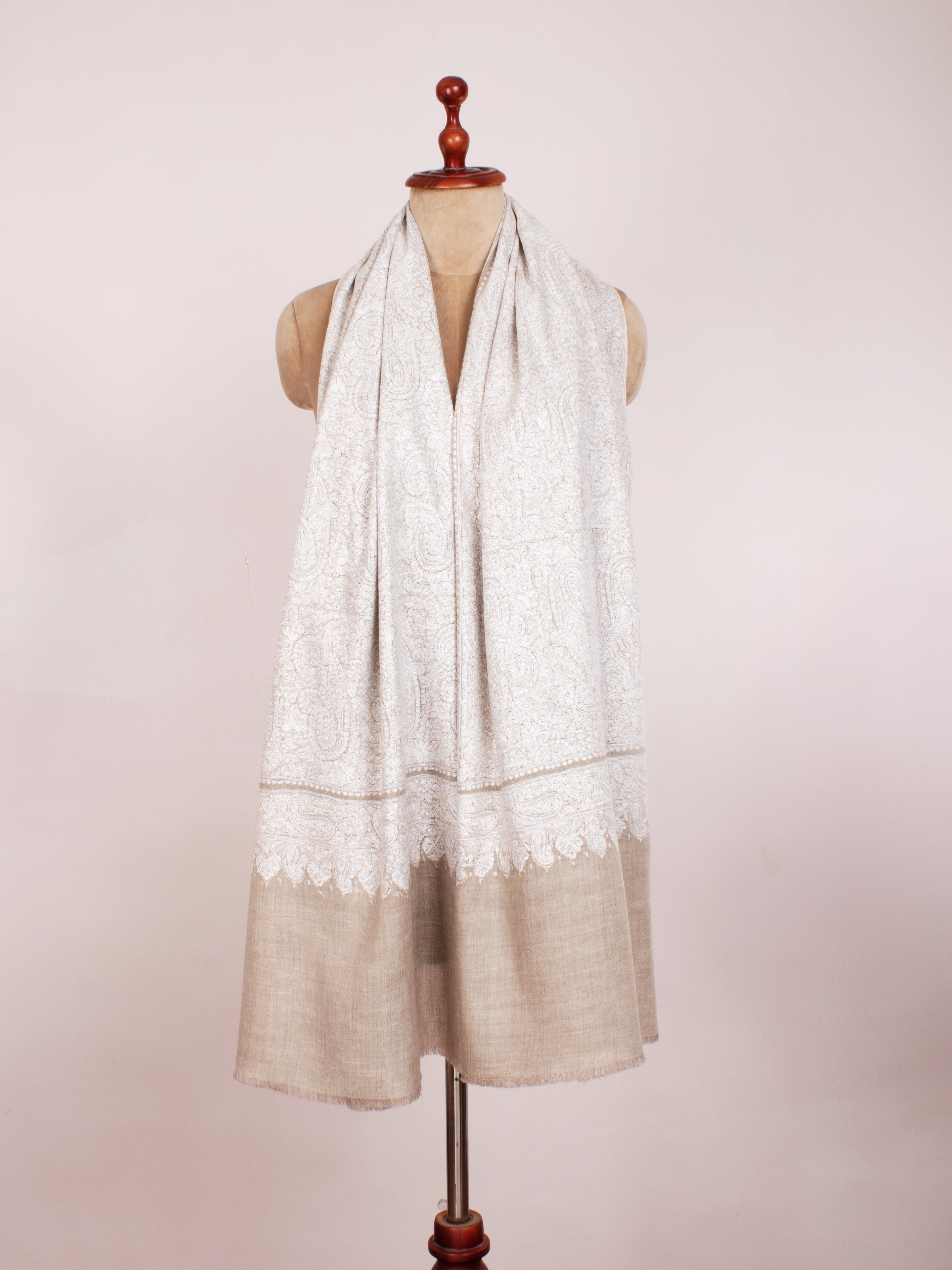 White on Grey Luxury Bridal Embroidered Pashmina Shawl