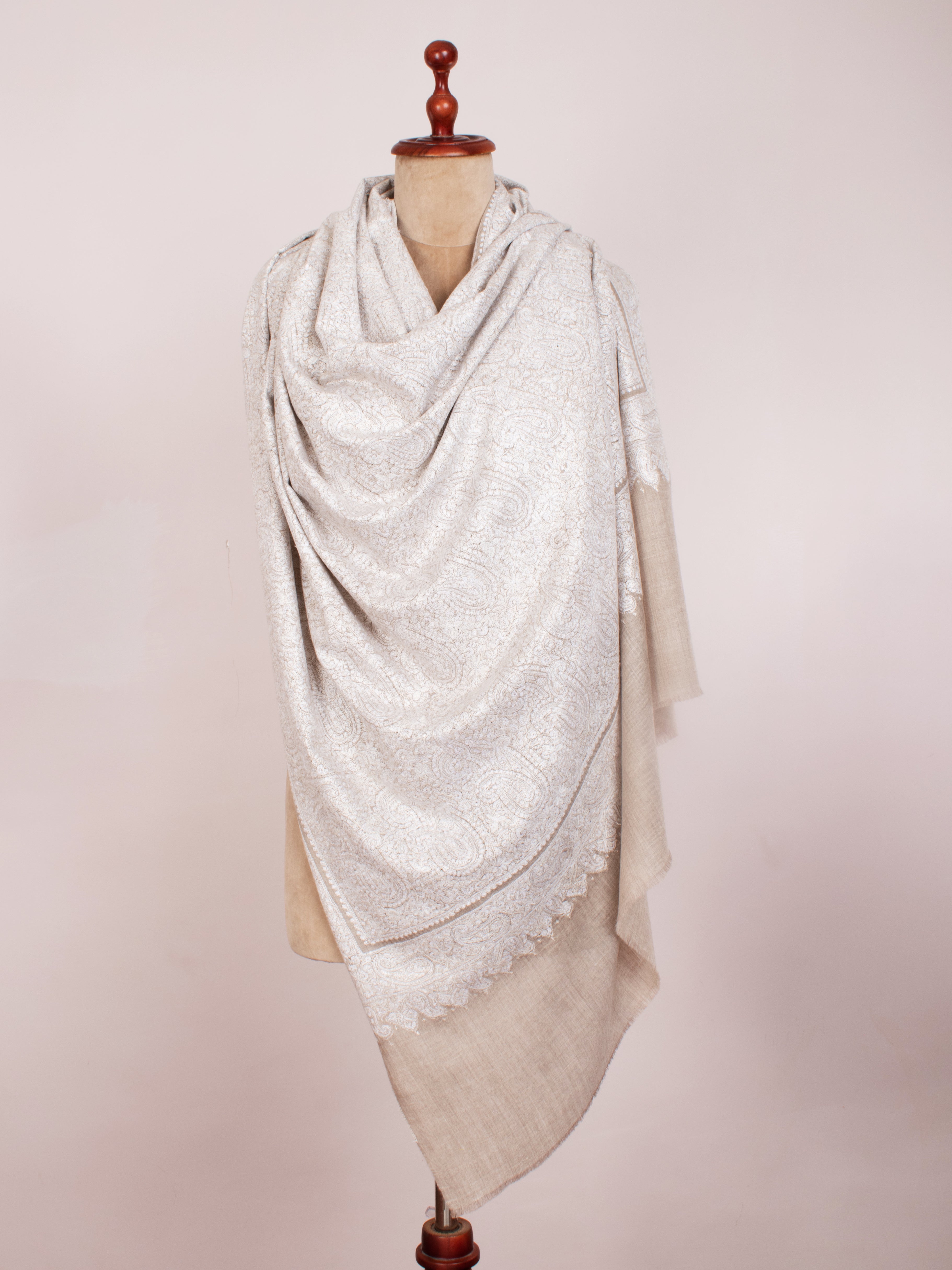 White on Grey Luxury Bridal Embroidered Pashmina Shawl