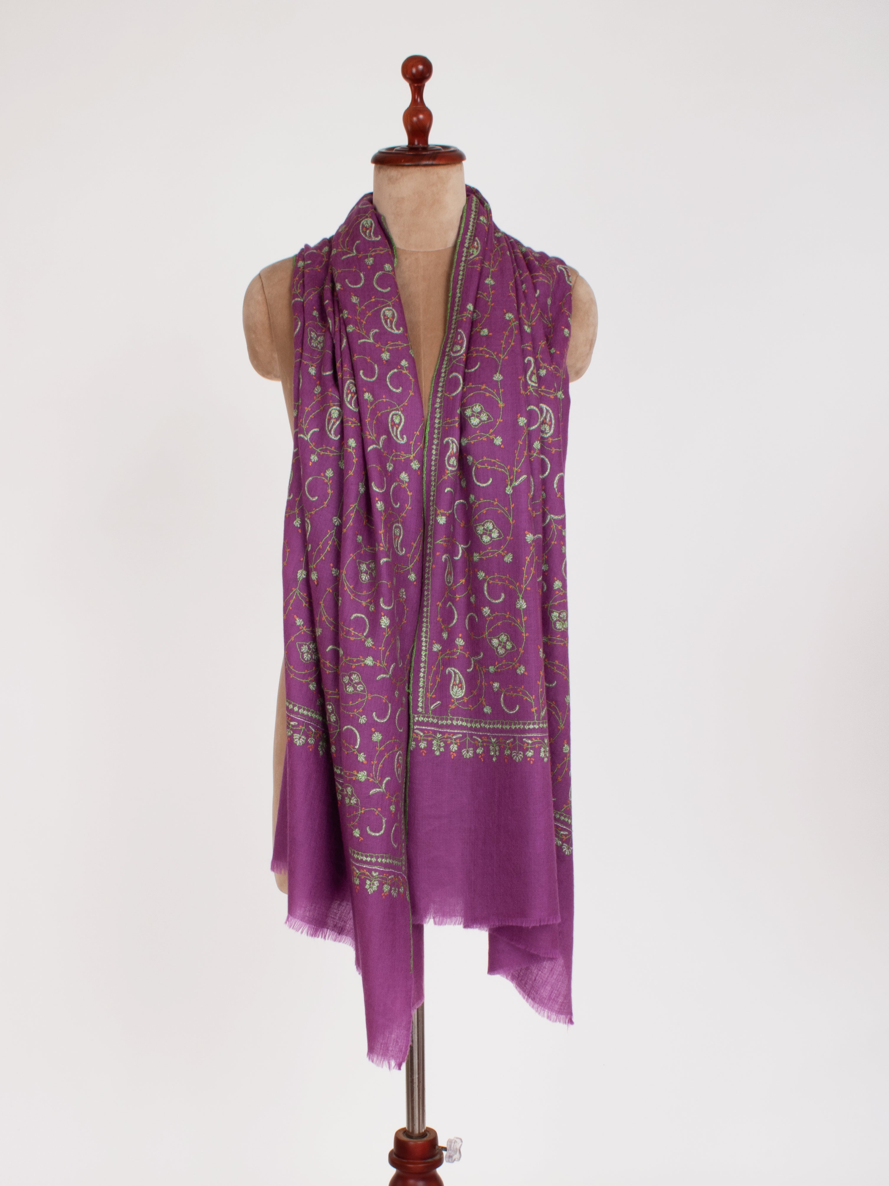 Purple with touch of Green Embroidered Cashmere Scarf