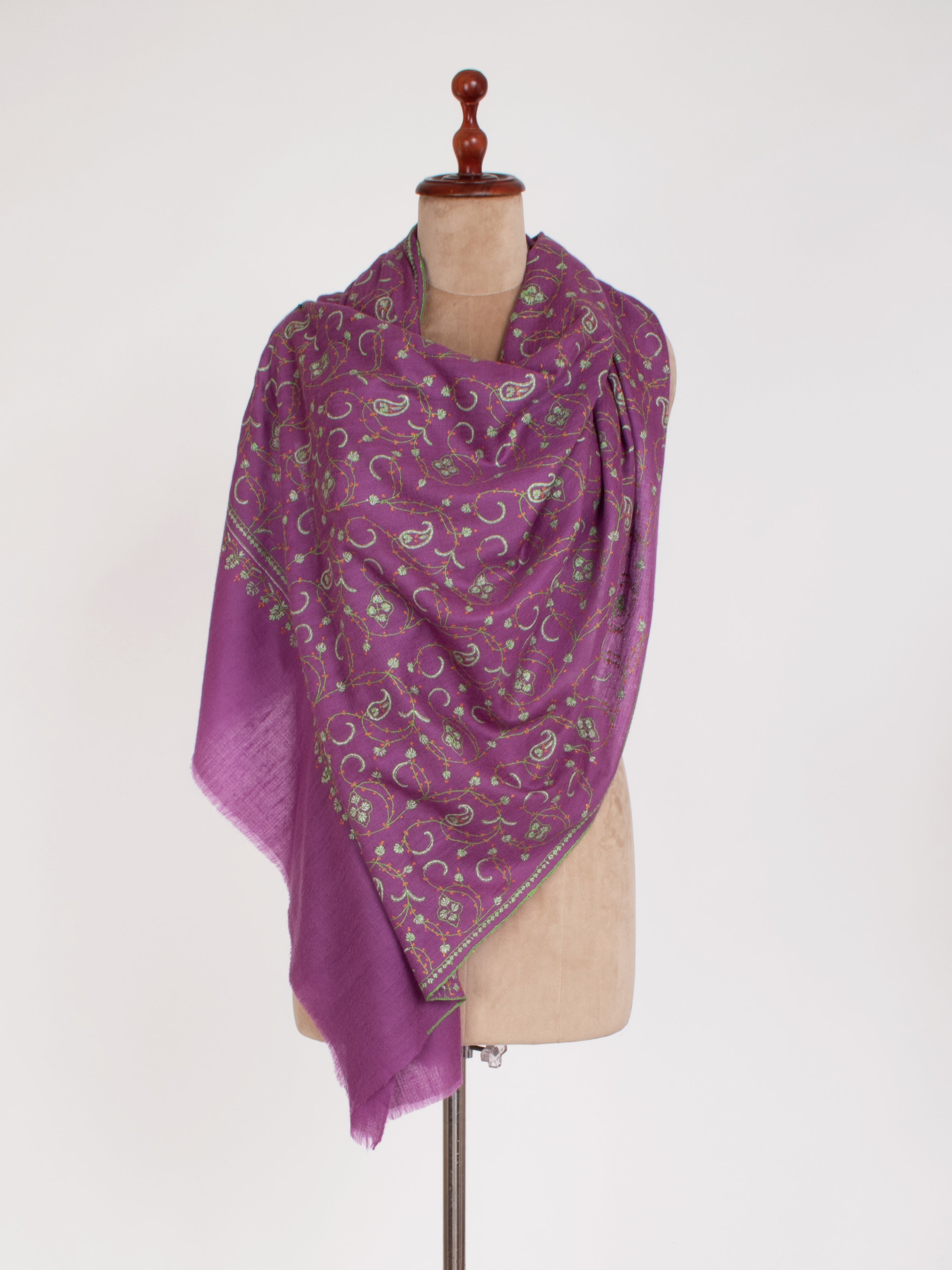 Purple with touch of Green Embroidered Cashmere Scarf