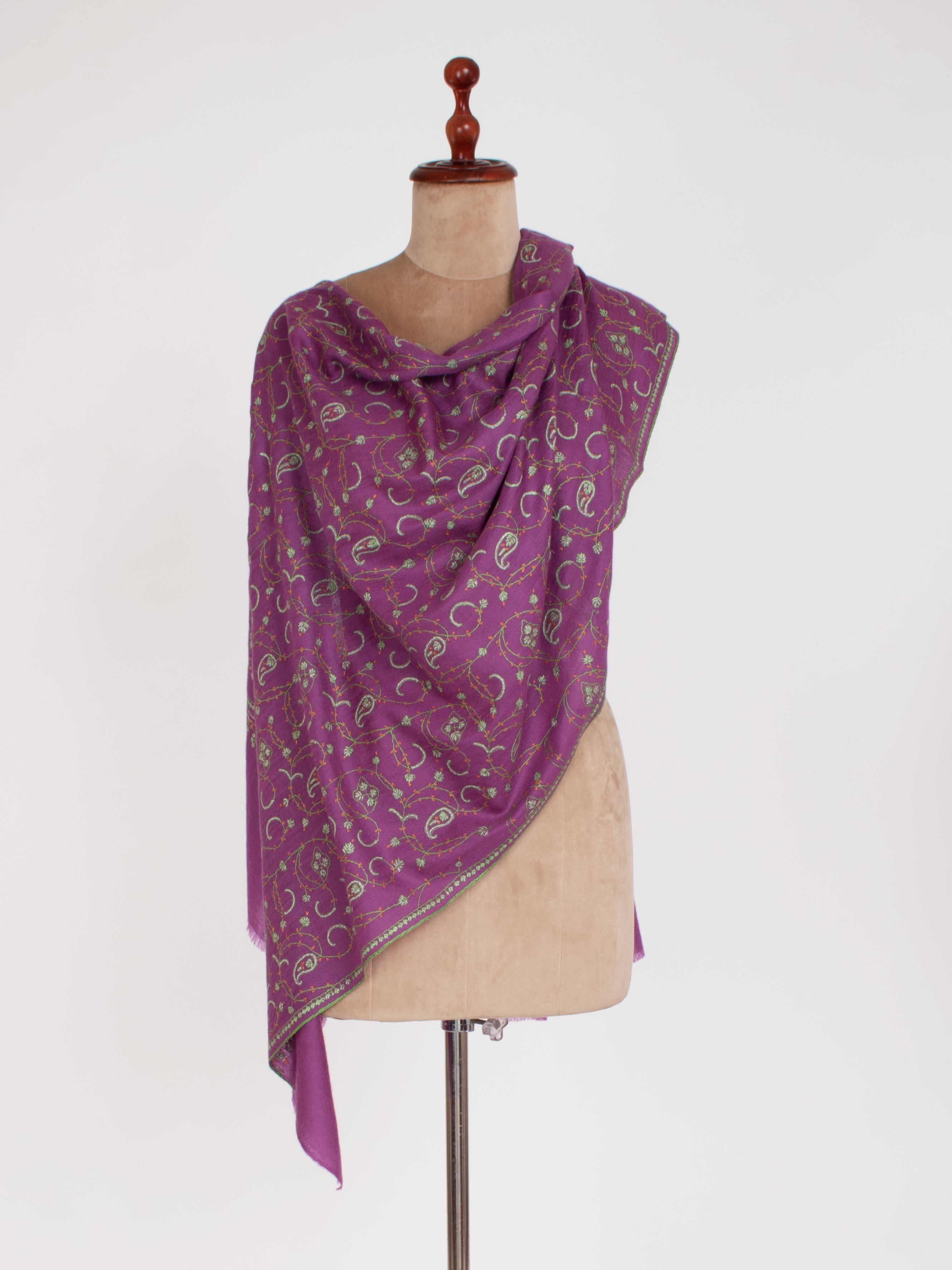 Purple with touch of Green Embroidered Cashmere Scarf