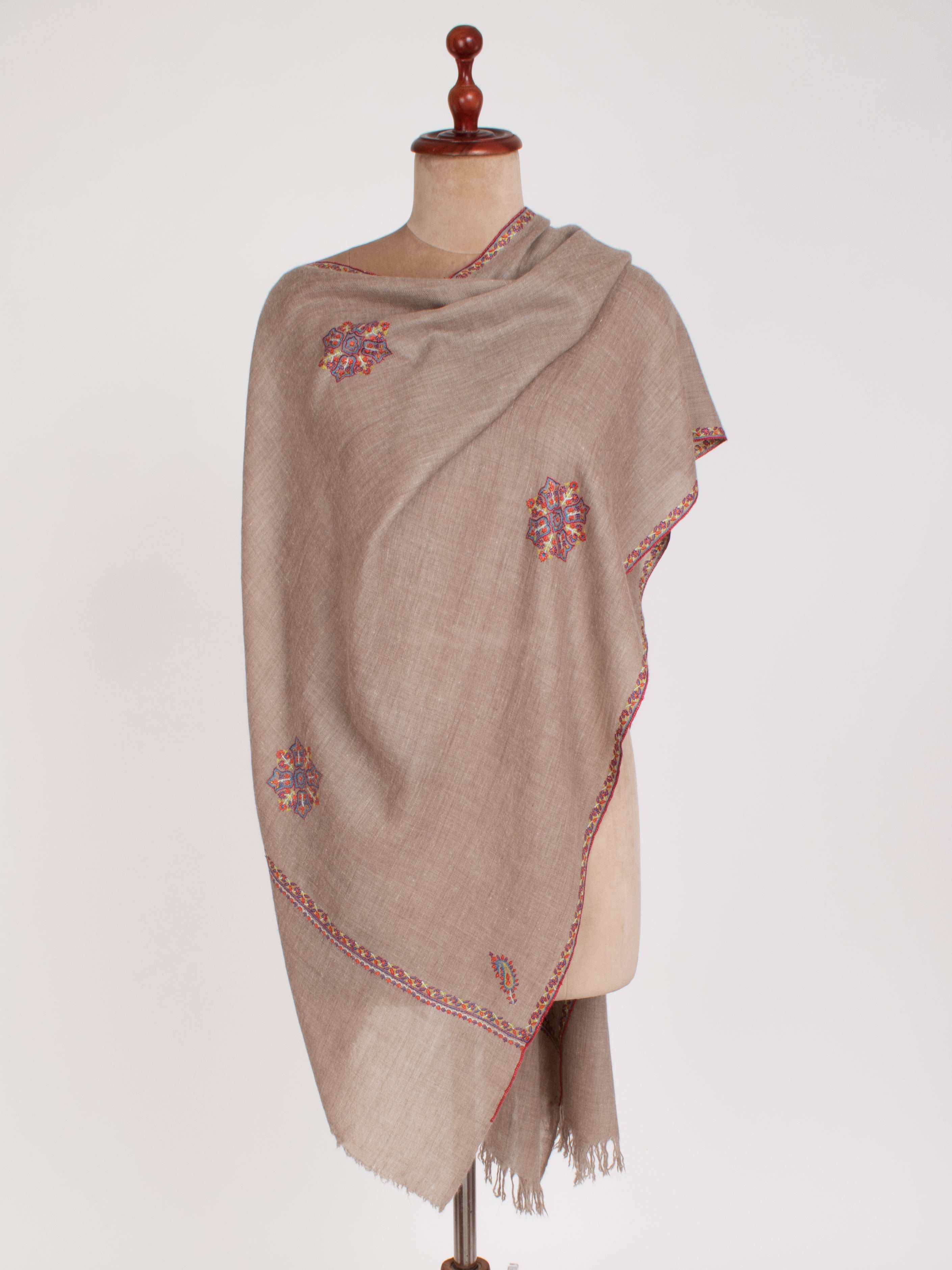 Grey Cashmere Scarf with Star and Paisley Motifs