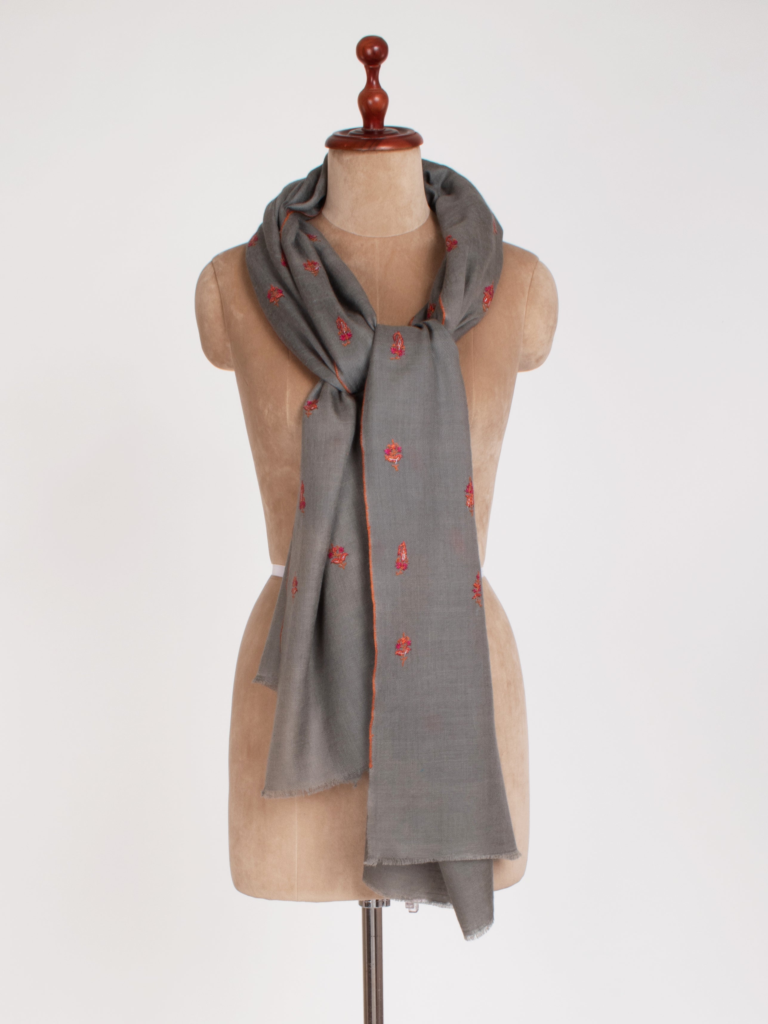 Steel Grey Paisley Embroidered Motif Cashmere Scarf