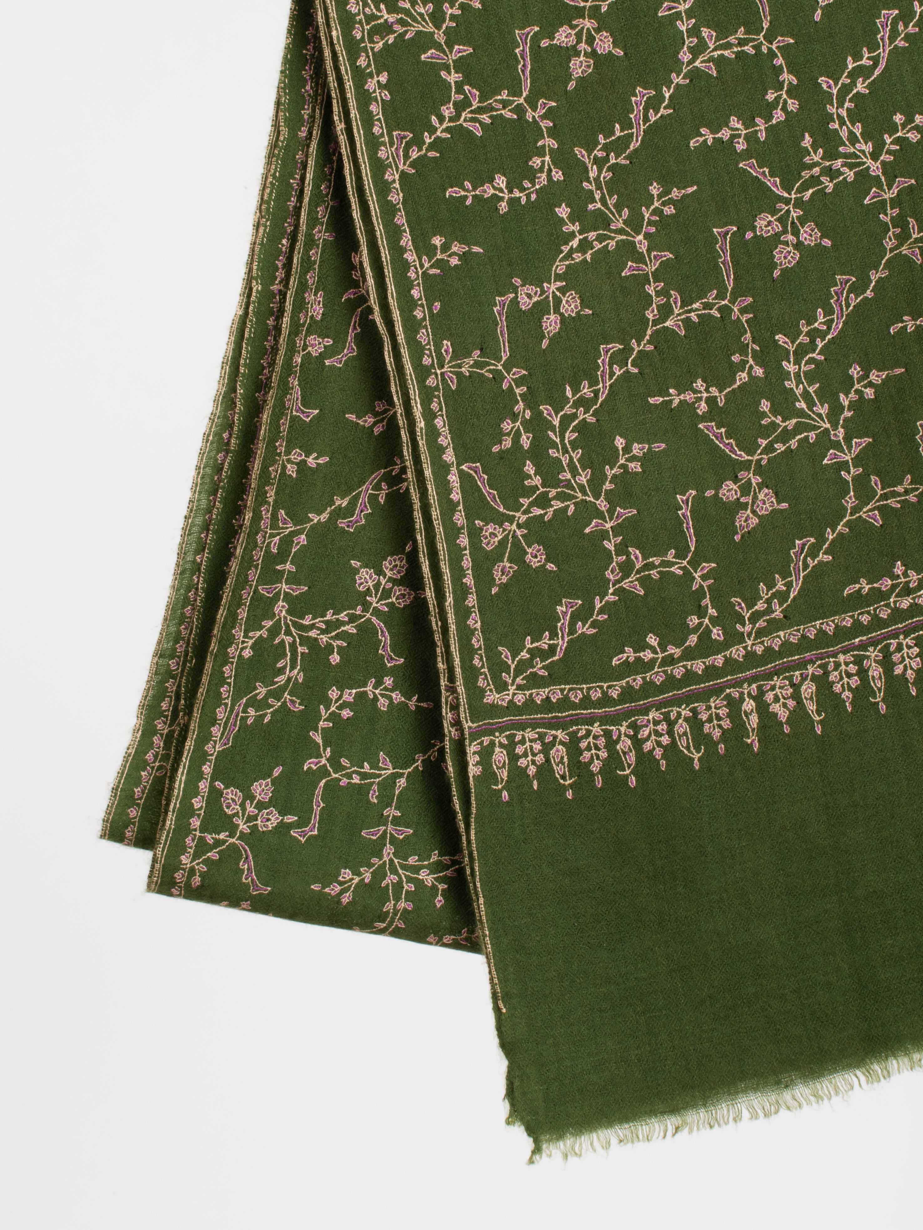 Foulard cadeau en cachemire brodé Sozni olive foncé