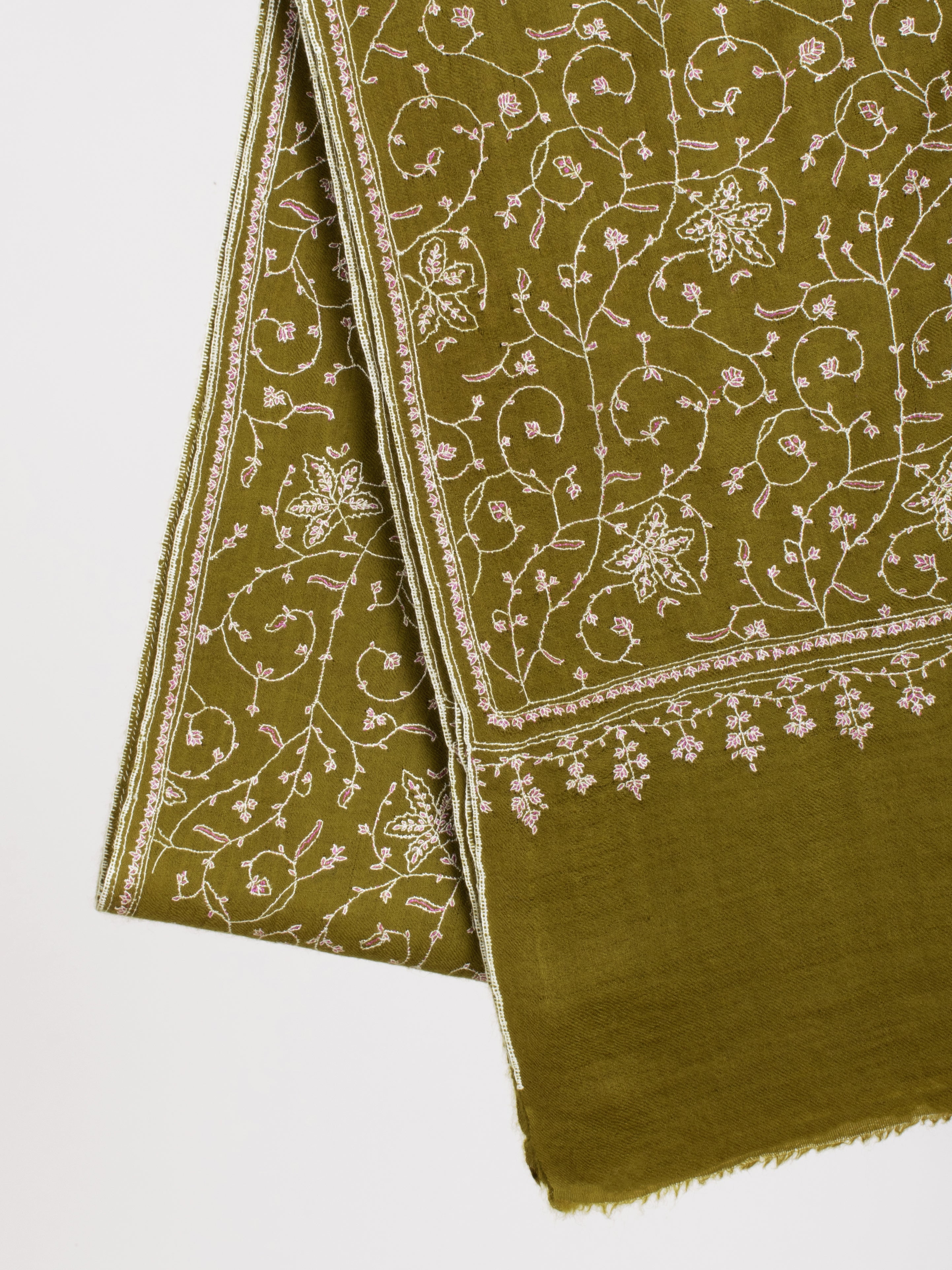 Olive Green Sozni Embroidered Cashmere Gift Scarf