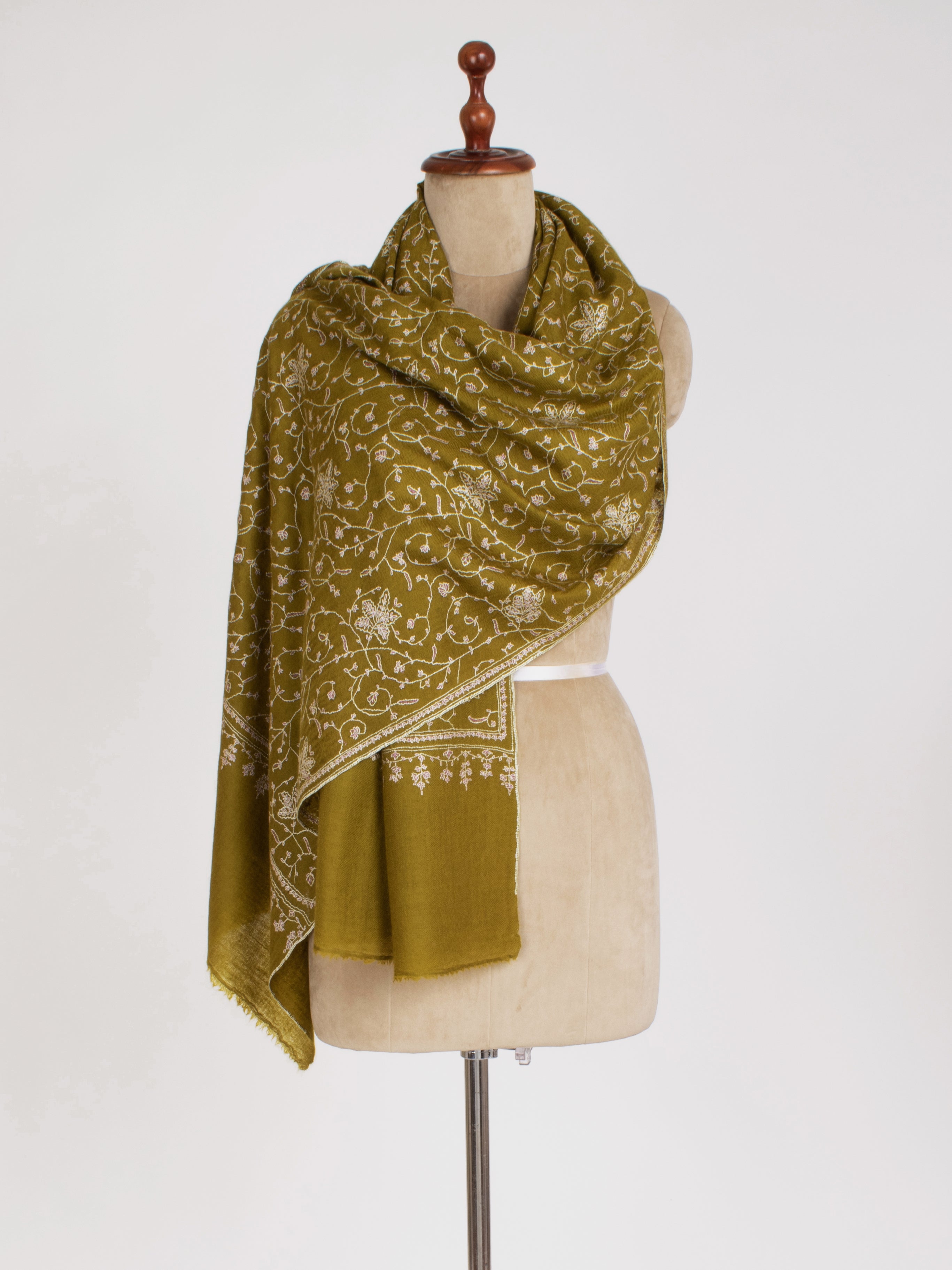 Olive Green Sozni Embroidered Cashmere Gift Scarf