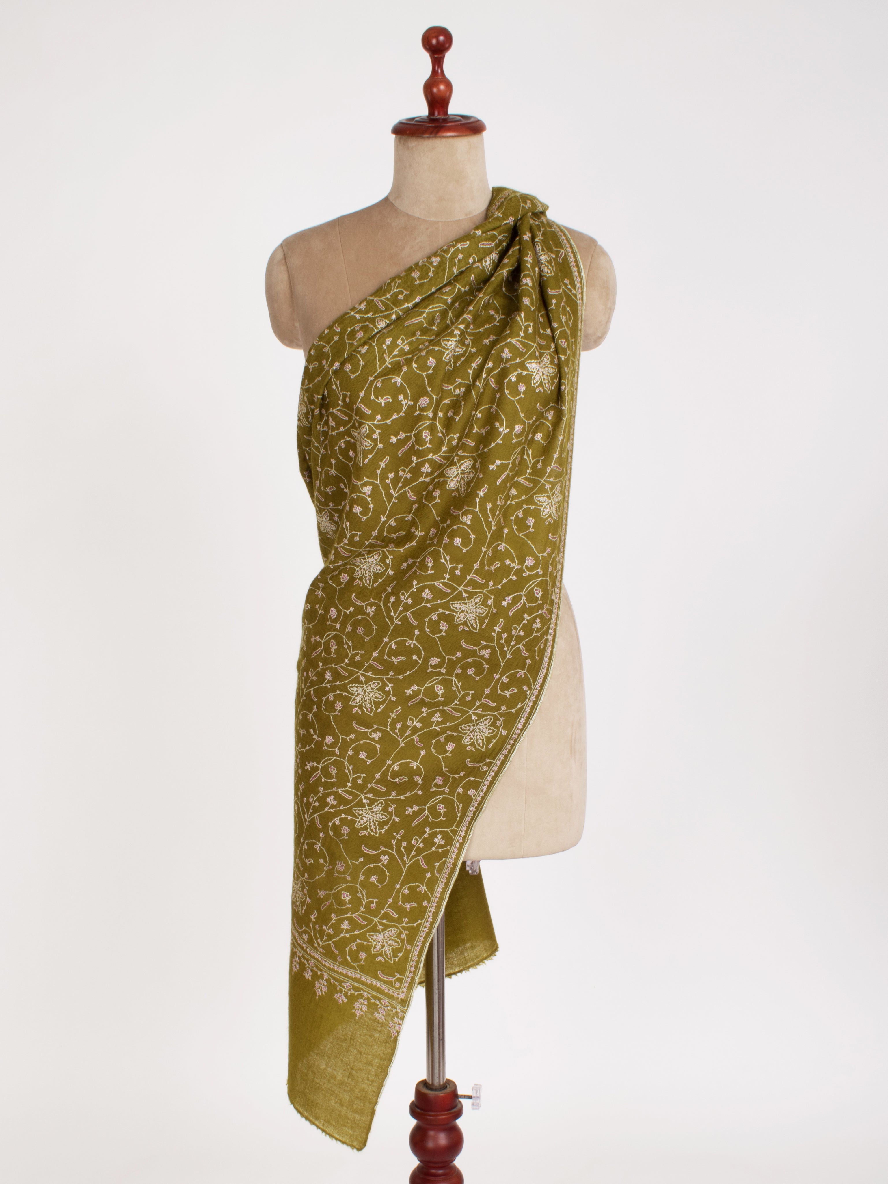 Olive Green Sozni Embroidered Cashmere Gift Scarf