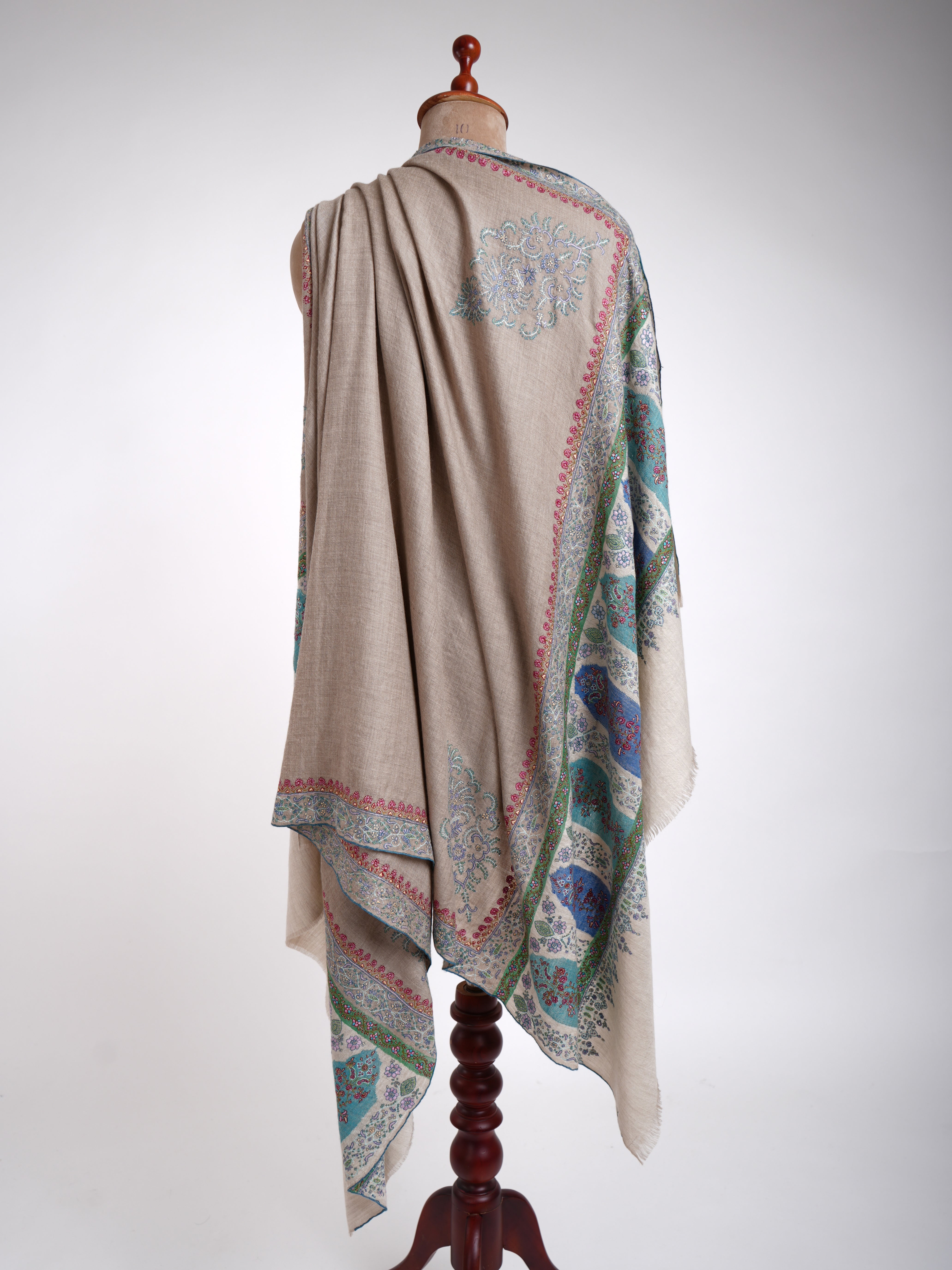 Light Beige Embroidered Kani Weave Certified Cashmere Shawl