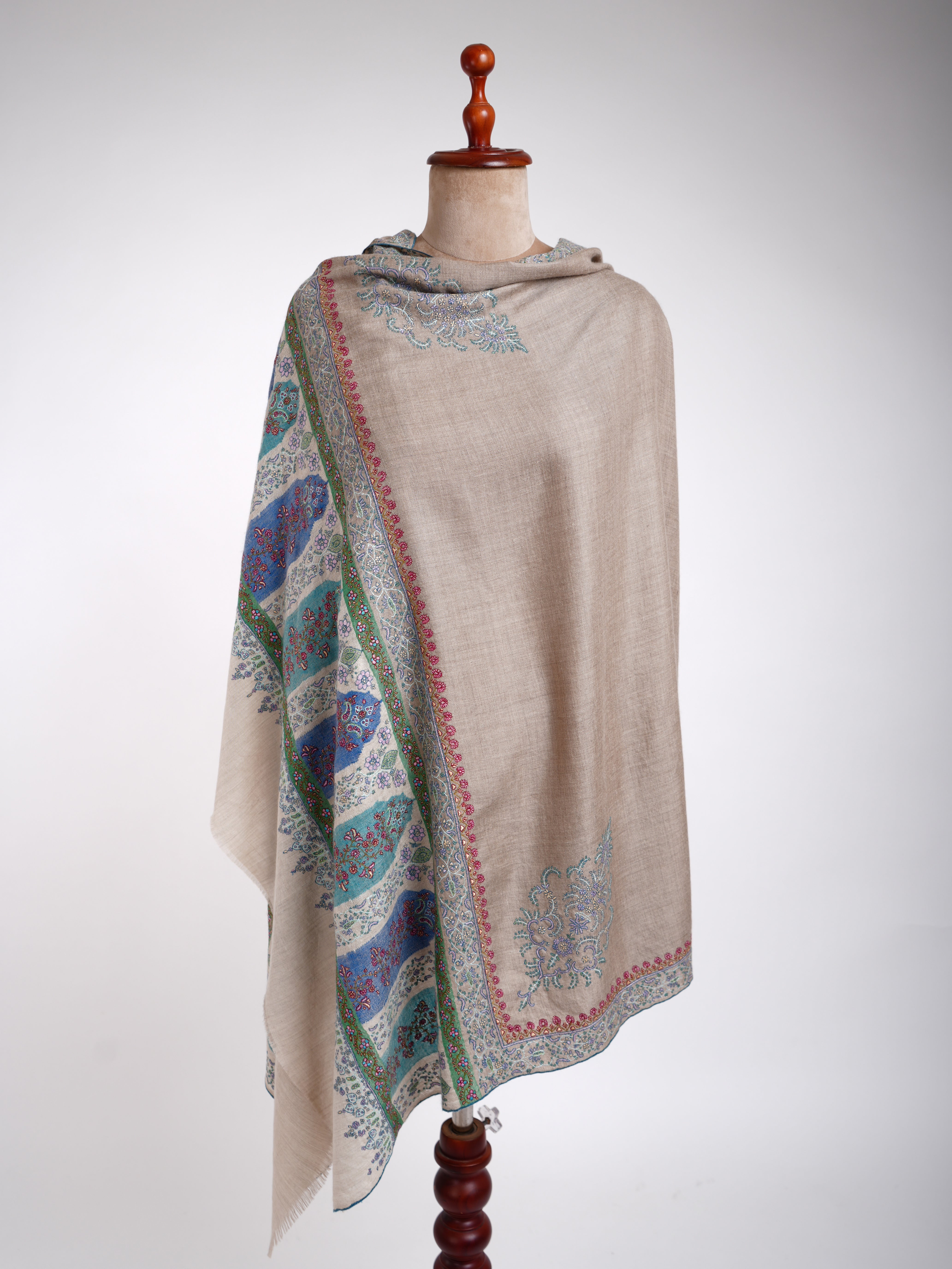 Light Beige Embroidered Kani Weave Certified Cashmere Shawl