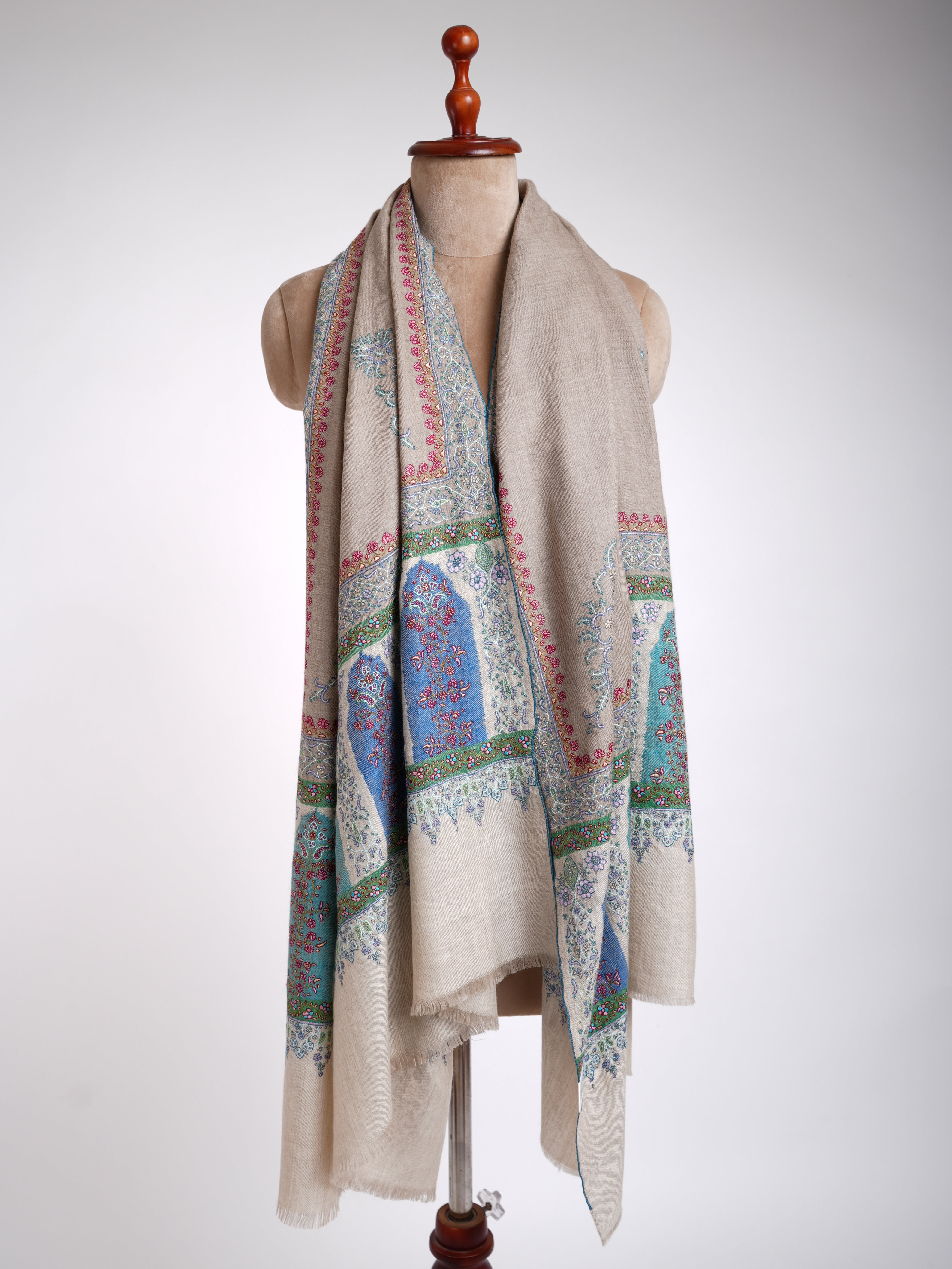 Light Beige Embroidered Kani Weave Certified Cashmere Shawl