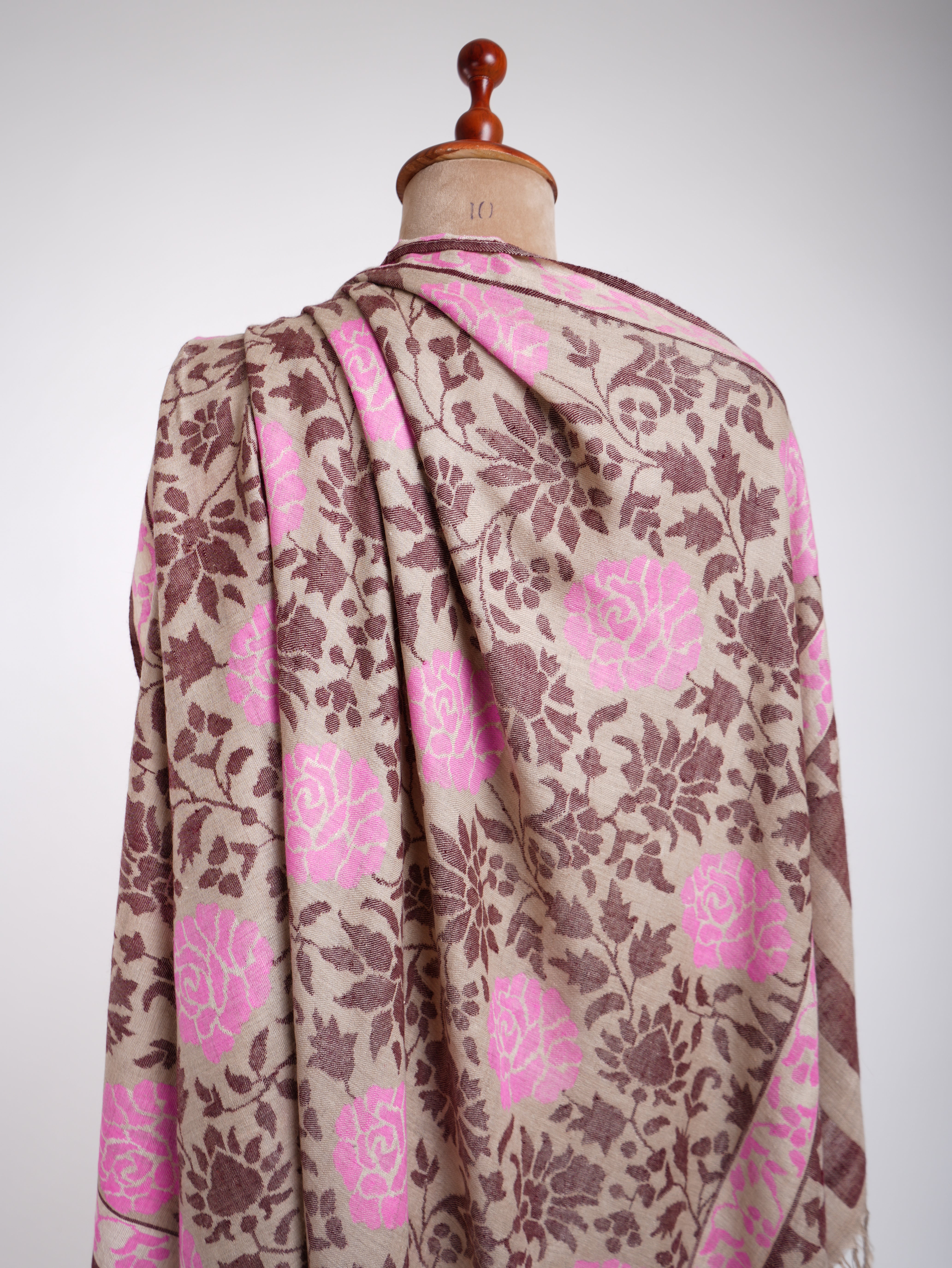 Light Beige With Pink Kani Weave Certified Cashmere Shawl