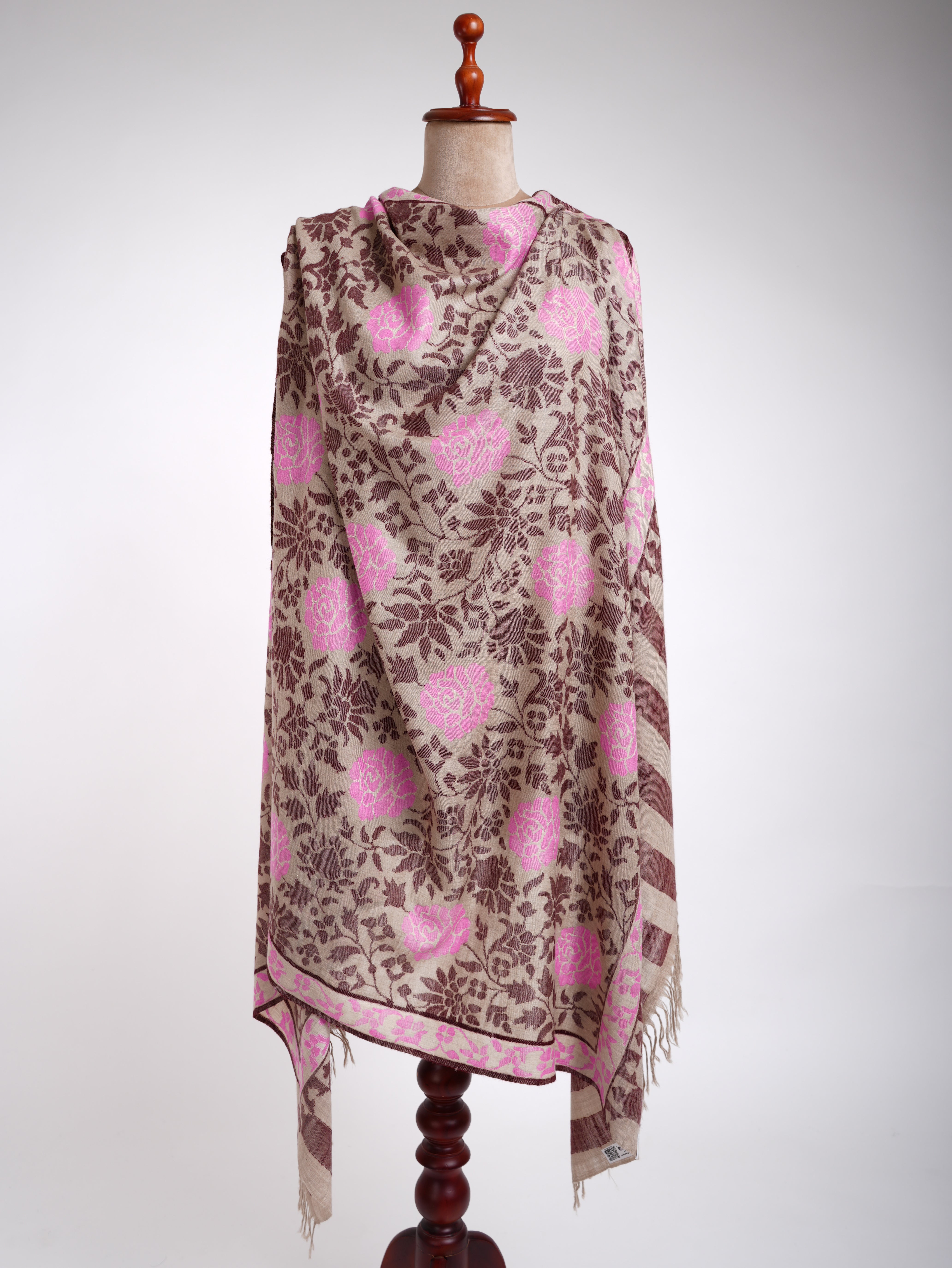 Light Beige With Pink Kani Weave Certified Cashmere Shawl