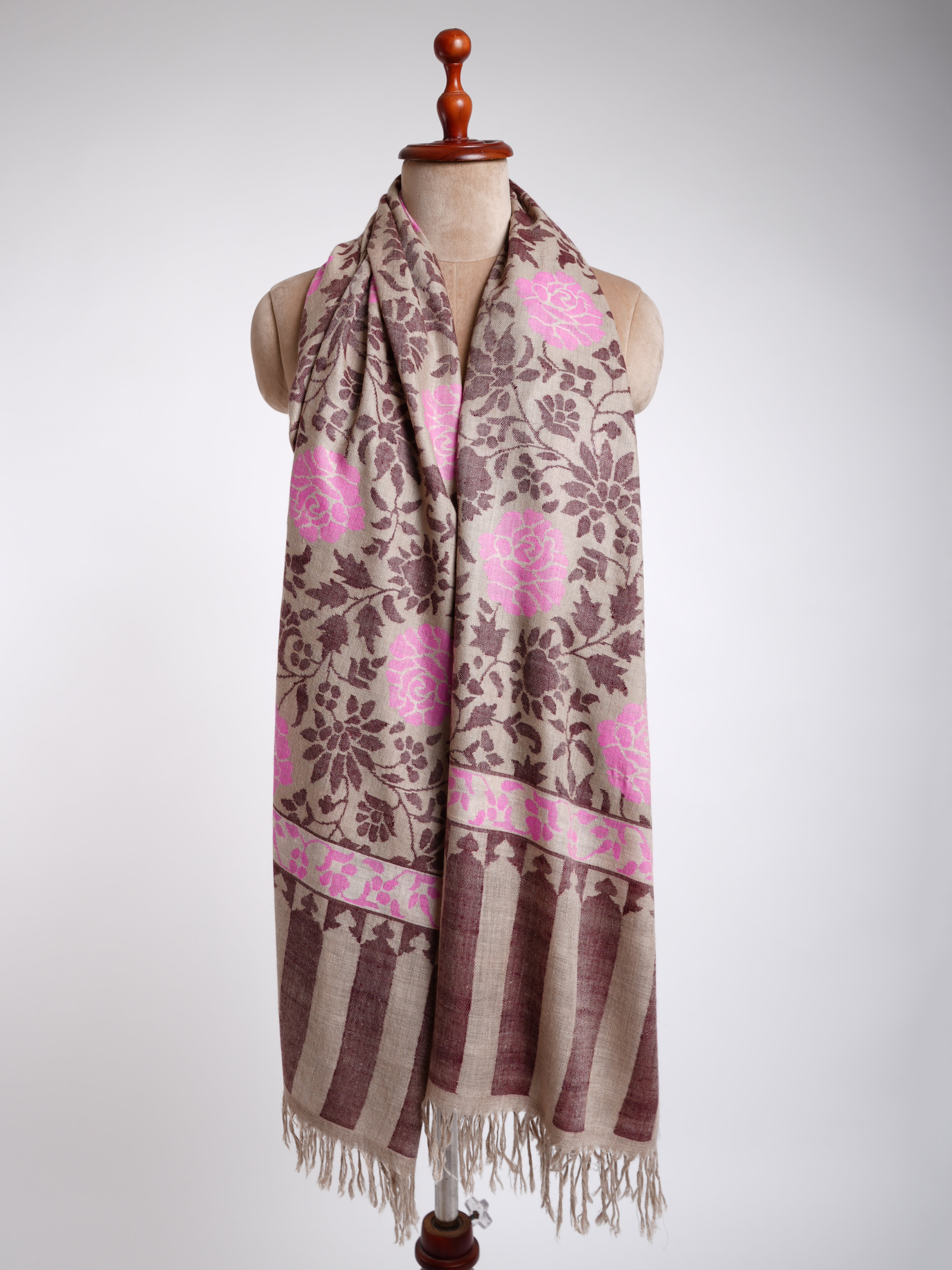 Light Beige With Pink Kani Weave Certified Cashmere Shawl