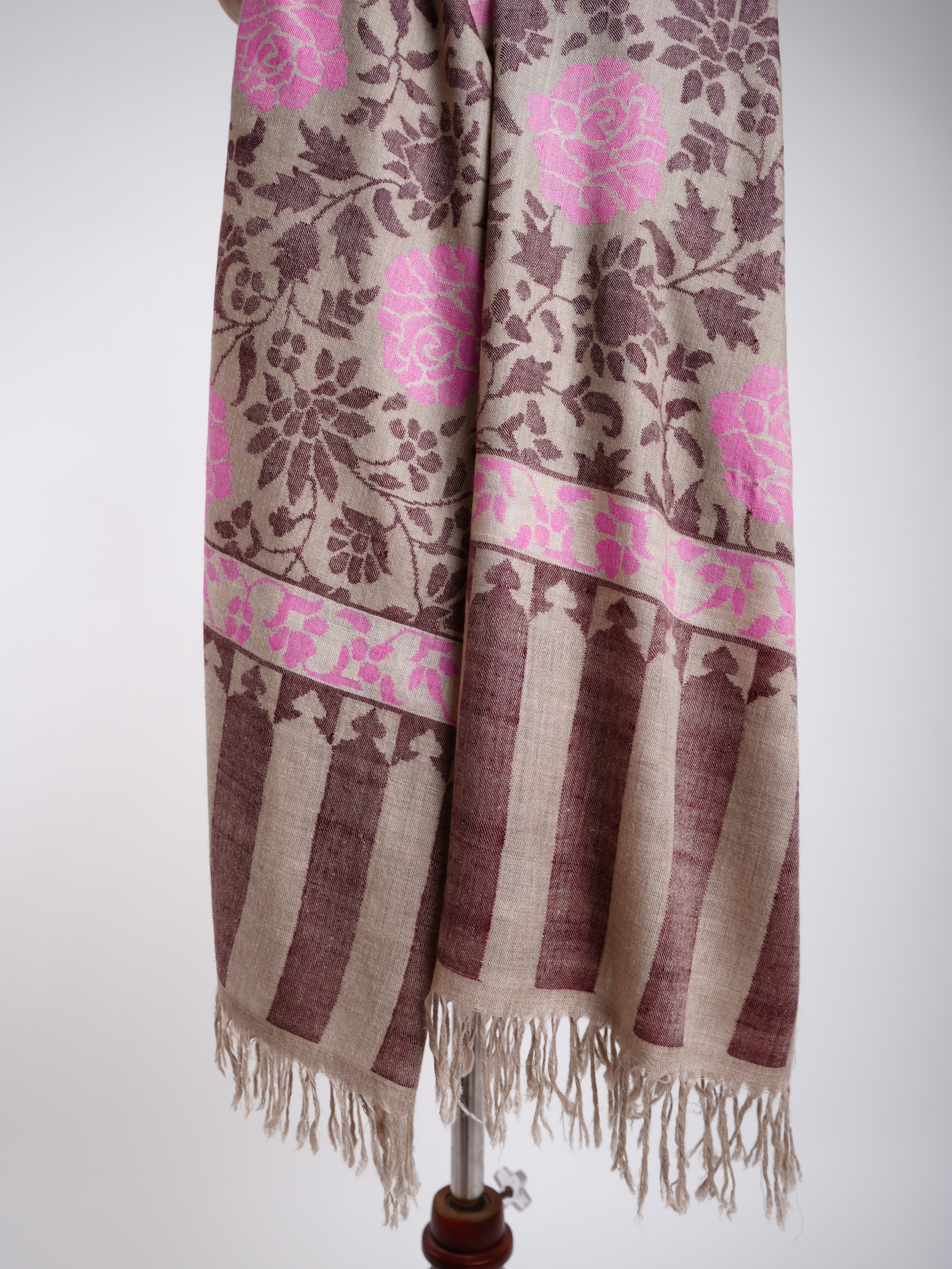 Light Beige With Pink Kani Weave Certified Cashmere Shawl